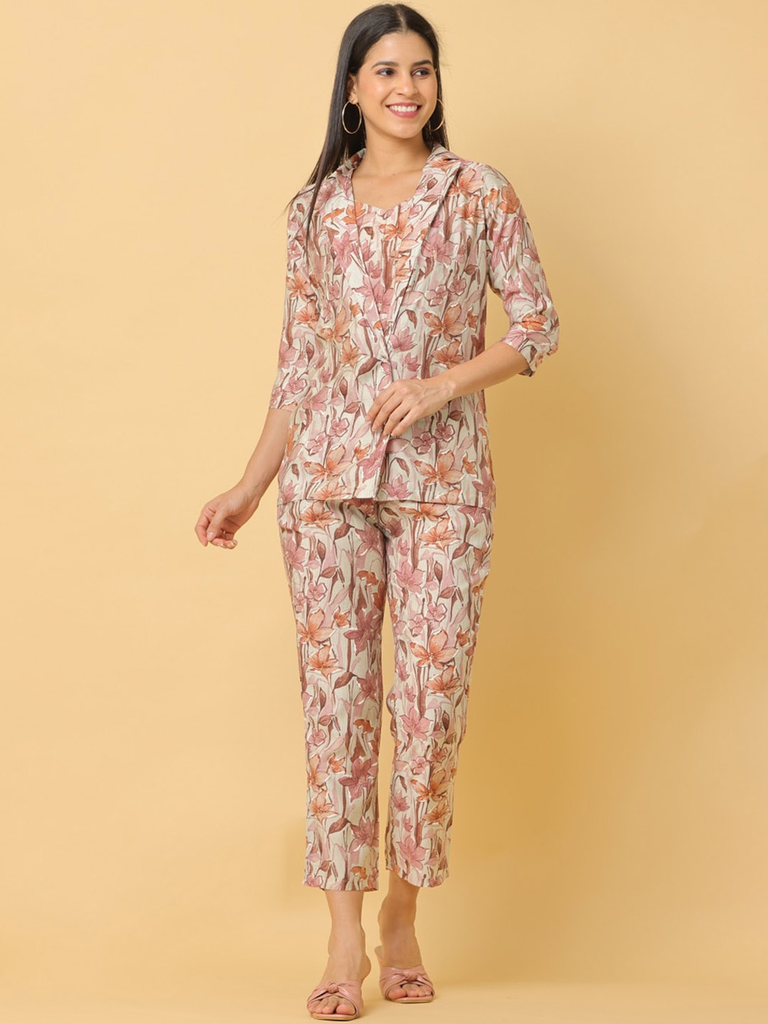 

KALINI 3 Pcs Floral Printed Top Trouser With Jacket Co-Ords, Pink