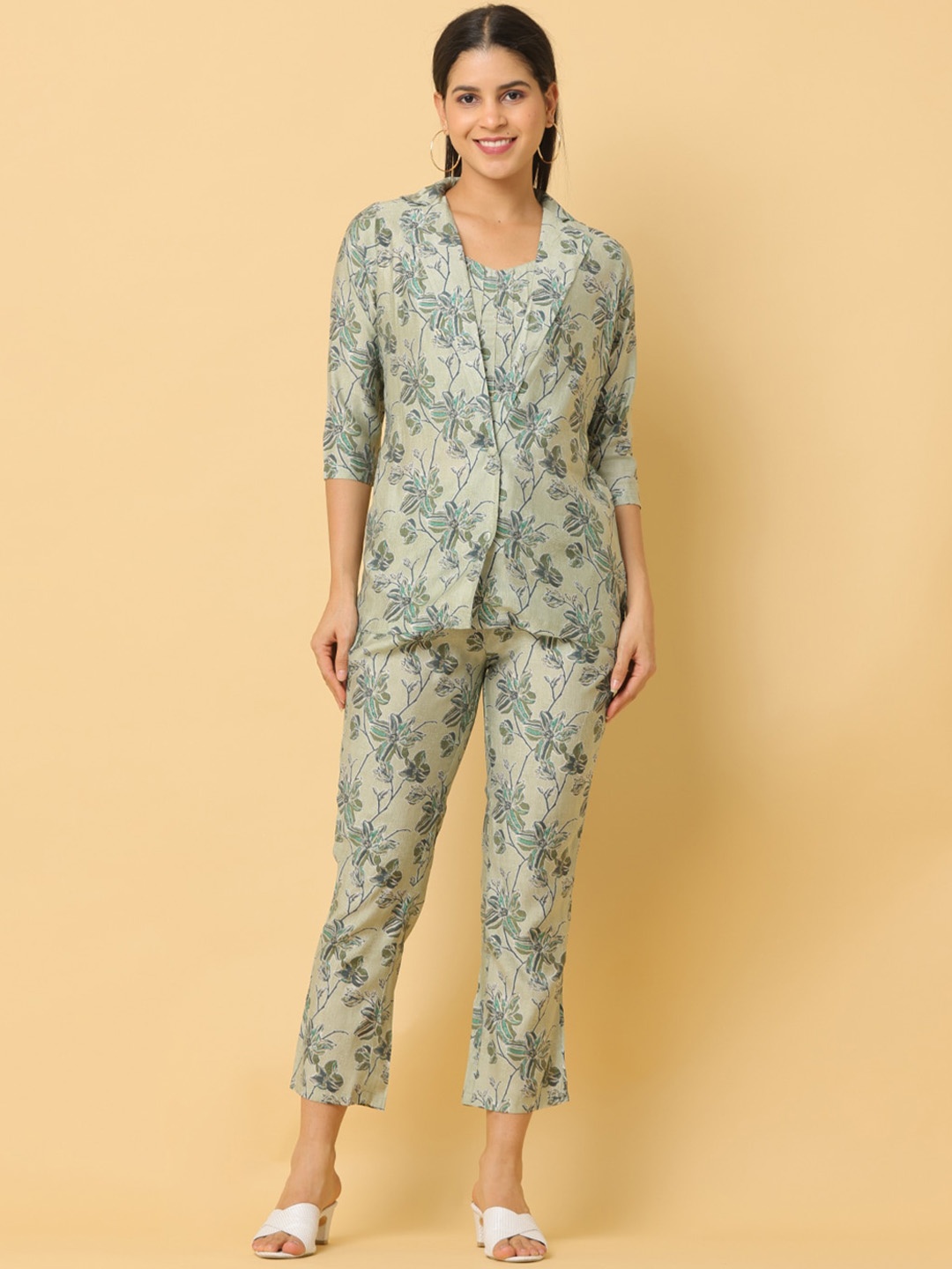 

KALINI Printed V- Neck Top & Flared Trouser & Jacket Co-Ords, Green