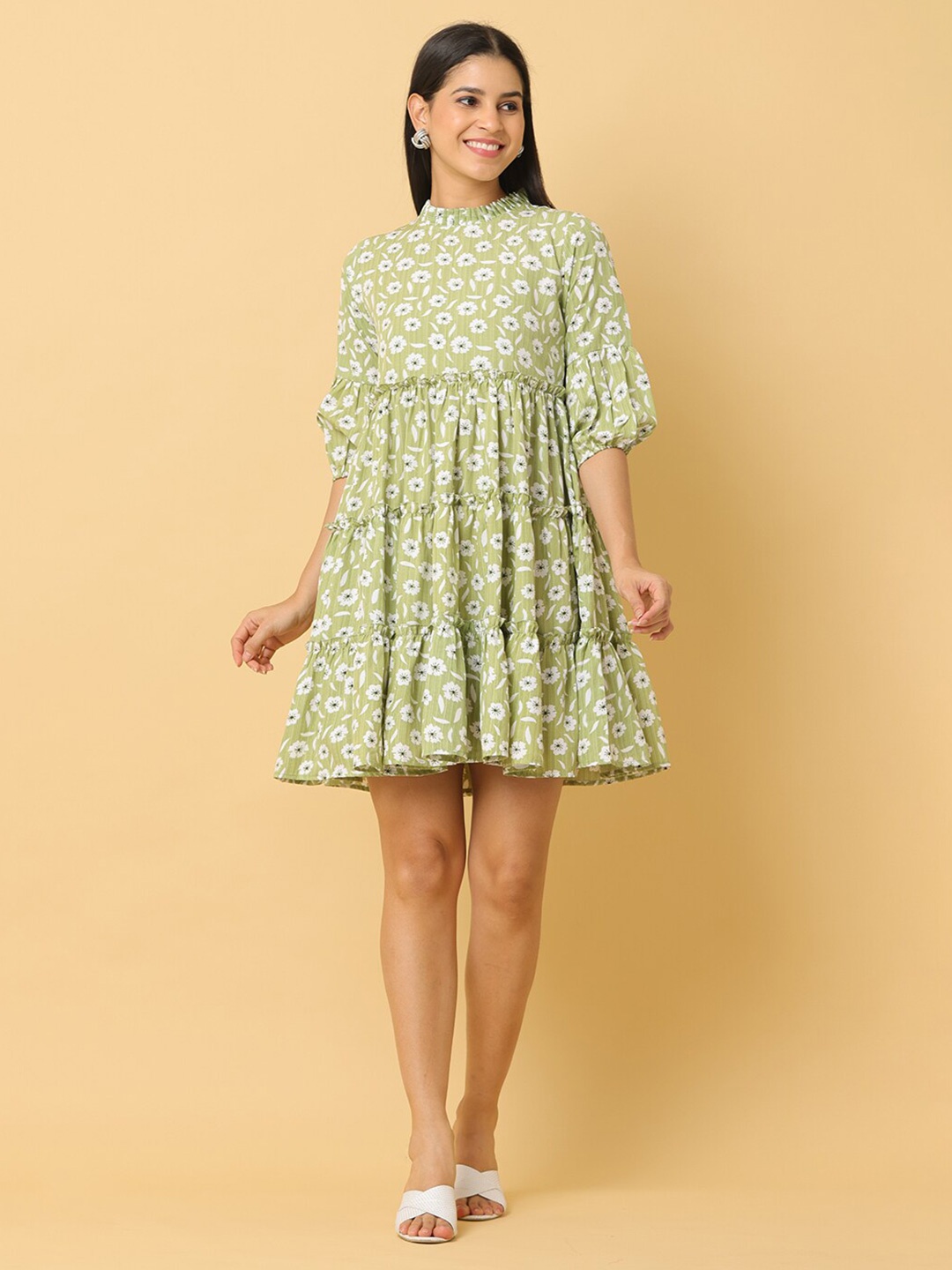 

KALINI Floral Printed Puff Sleeve Tiered Crepe Fit & Flare Dress, Green