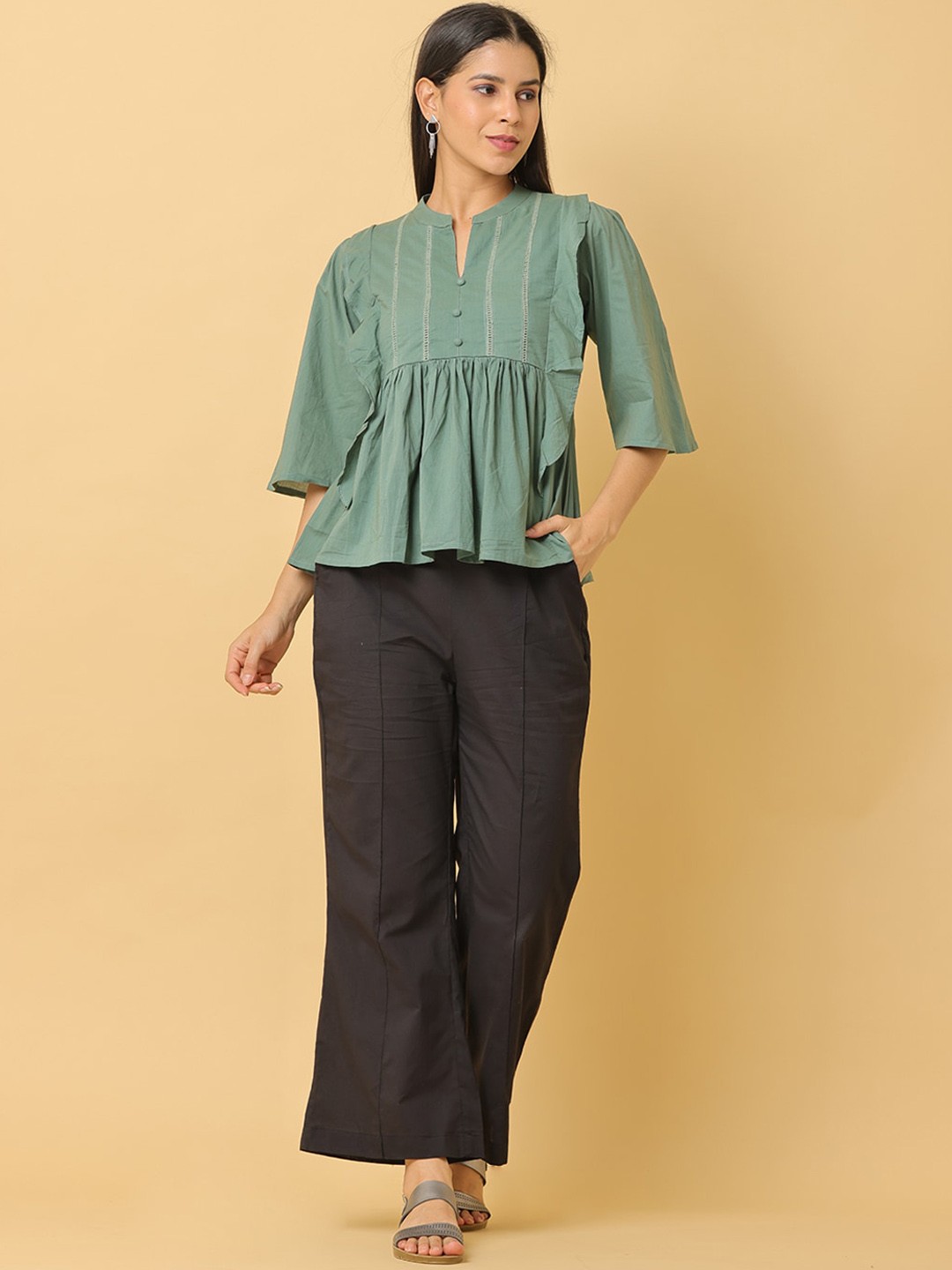

KALINI V-Neck Pure Cotton Ruffle Top & Trousers Co-Ords, Green