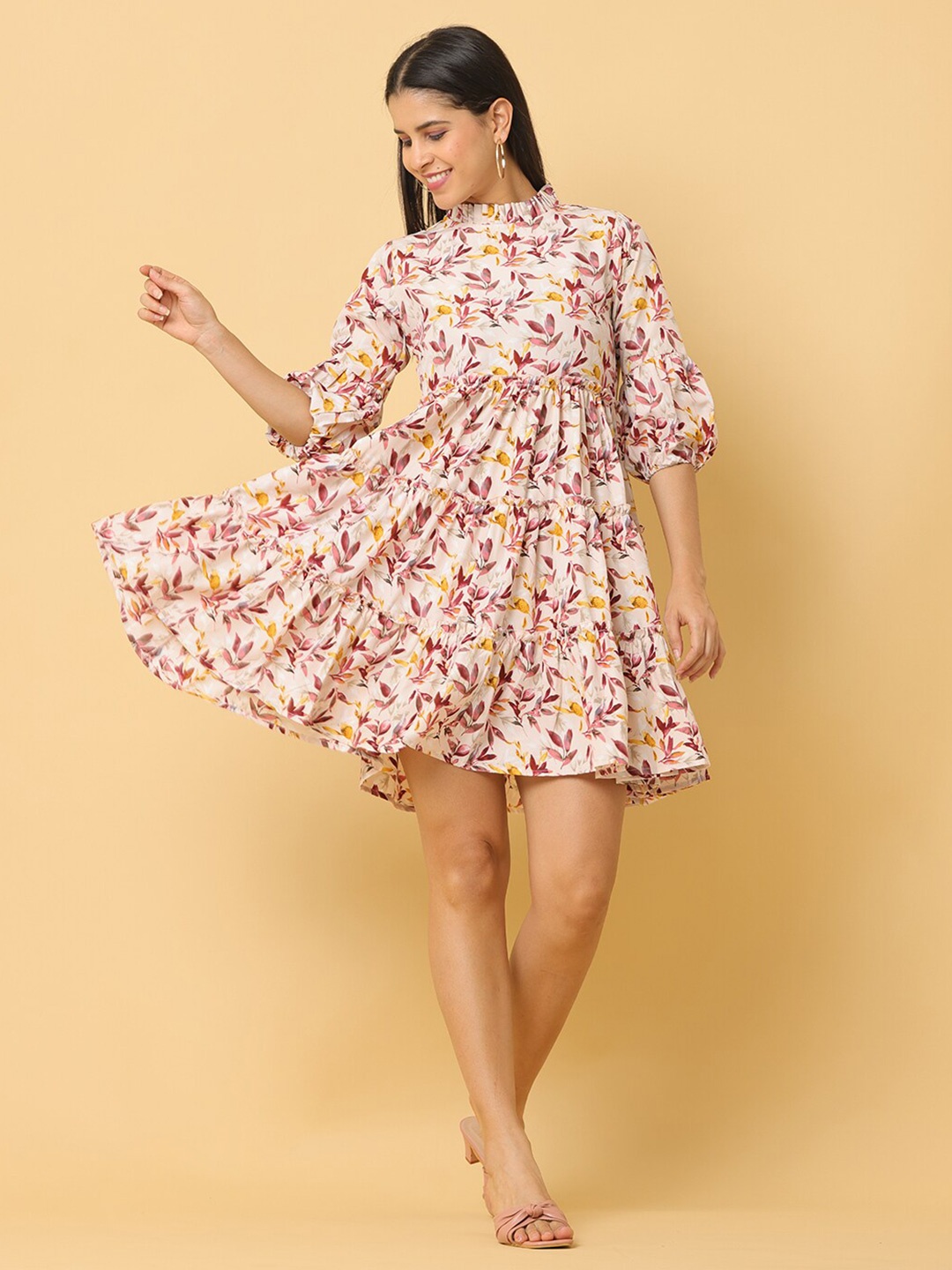 

KALINI Floral Printed Puff Sleeve Tiered Crepe Fit & Flare Dress, White