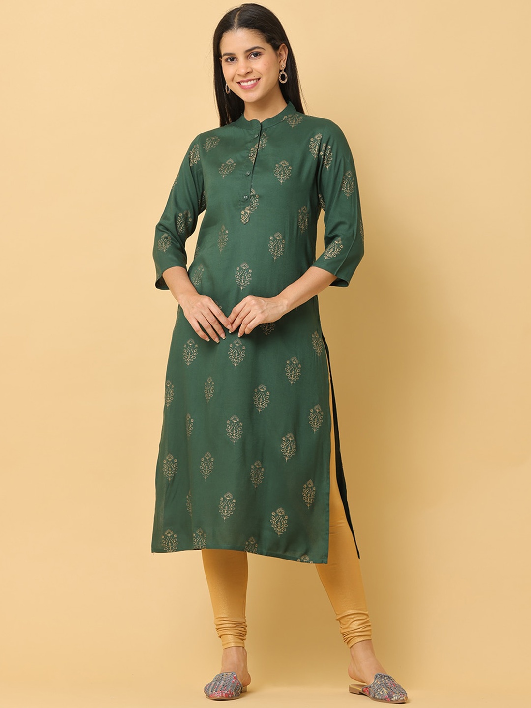 

KALINI Ethnic Motifs Printed Mandarin Collar Straight Kurta, Green