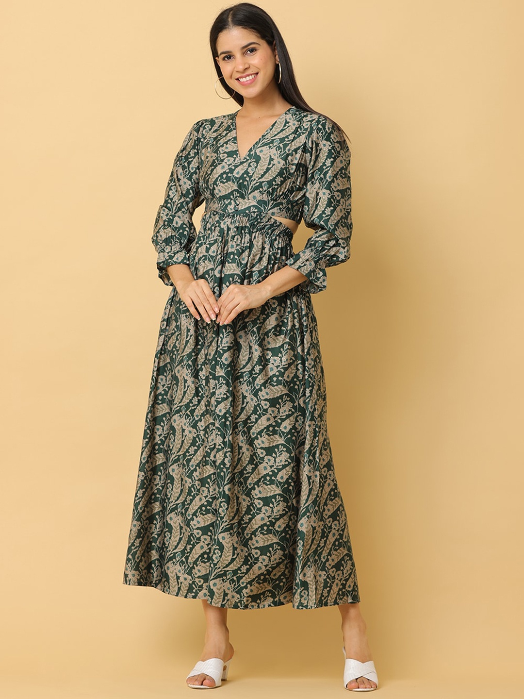 

KALINI Floral Printed Bell Sleeve Maxi Dress, Green