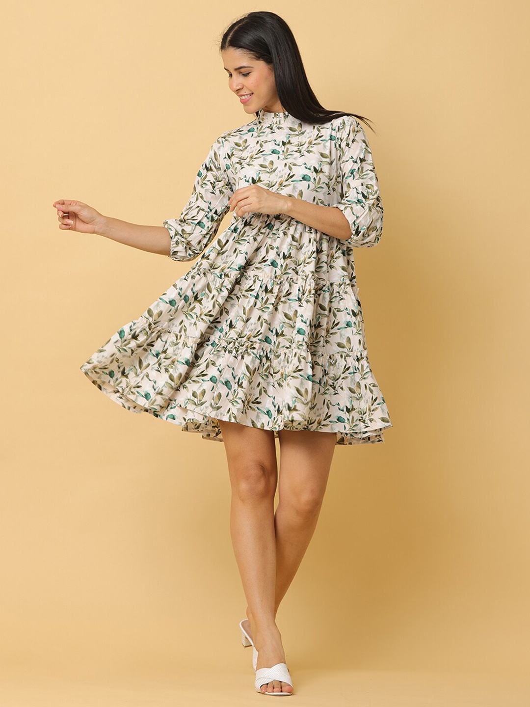 

KALINI Floral Printed Puff Sleeve Tiered Crepe Fit & Flare Dress, White