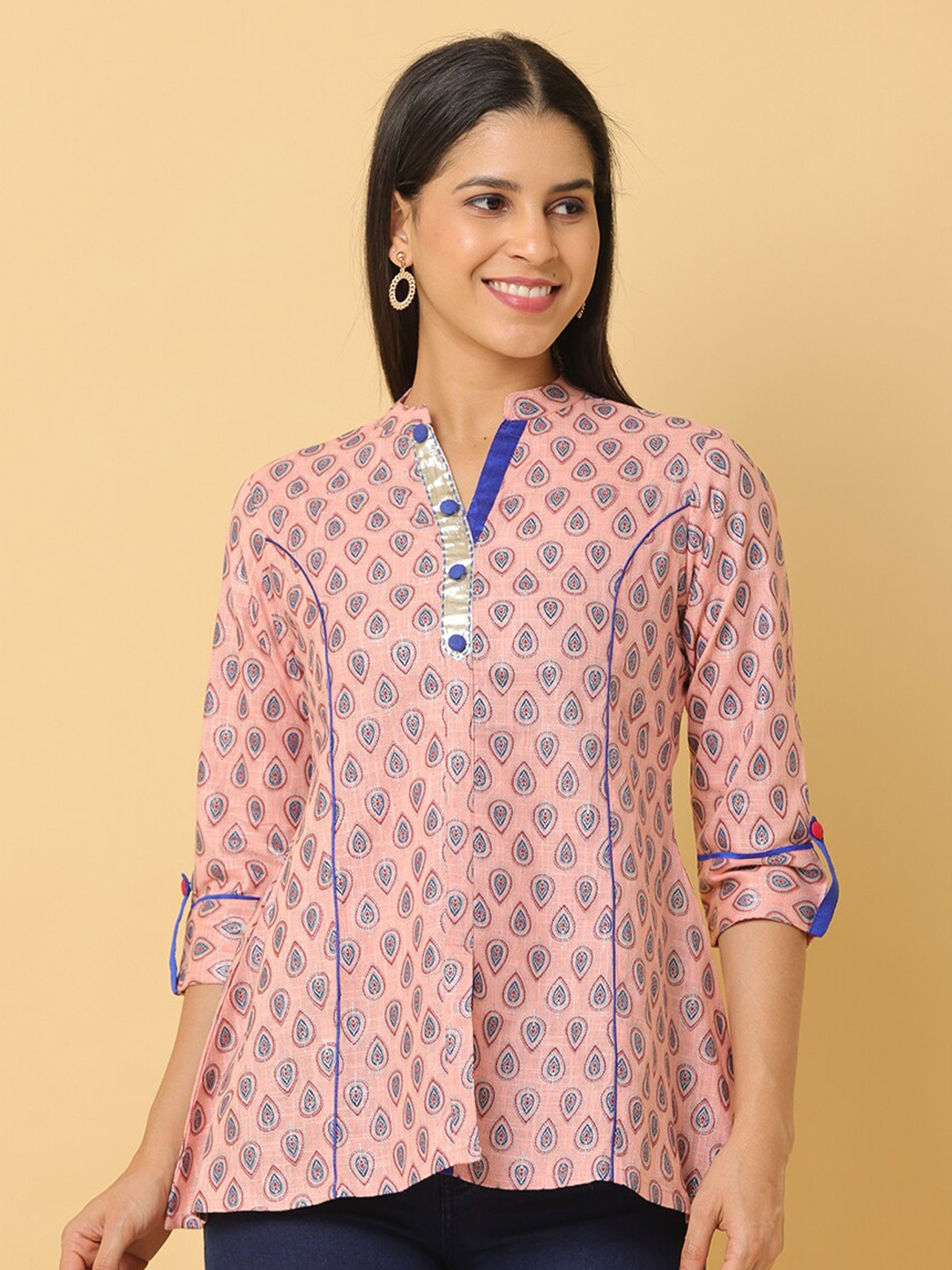 

KALINI Ethnic Motifs Printed Mandarin Collar Roll-Up Sleeves Cotton Top, Pink