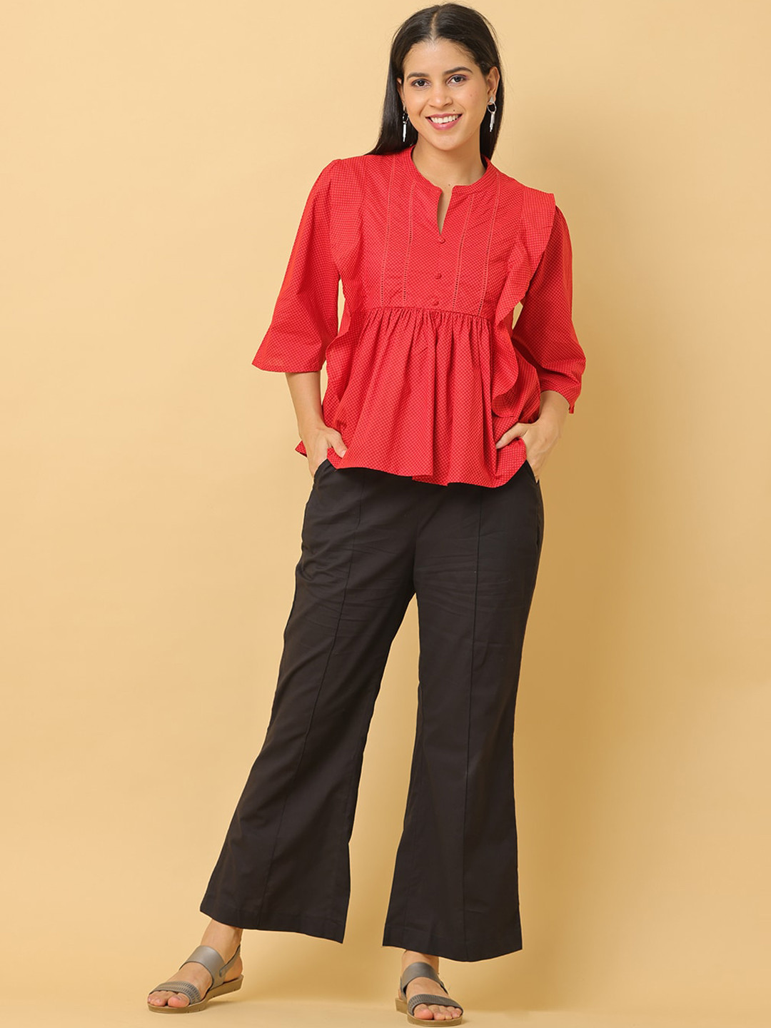 

KALINI Printed Pure Cotton Ruffle Detail Top With Trouser Co-Ords, Red