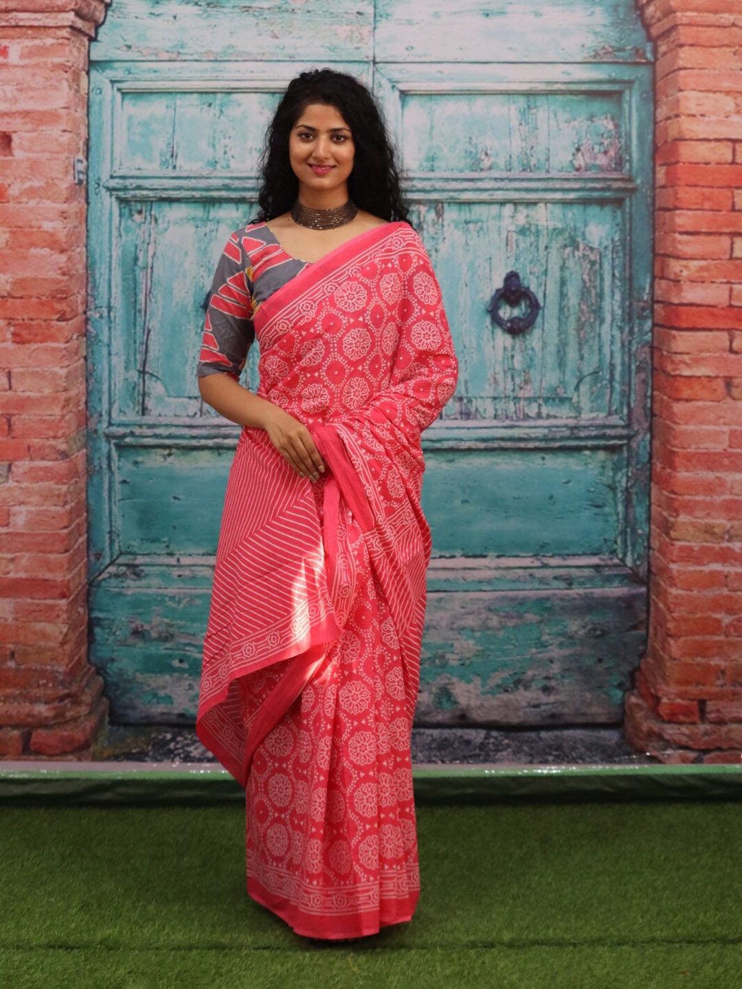 

JALTHER Ethnic Motifs Pure Cotton Block Print Saree, Pink