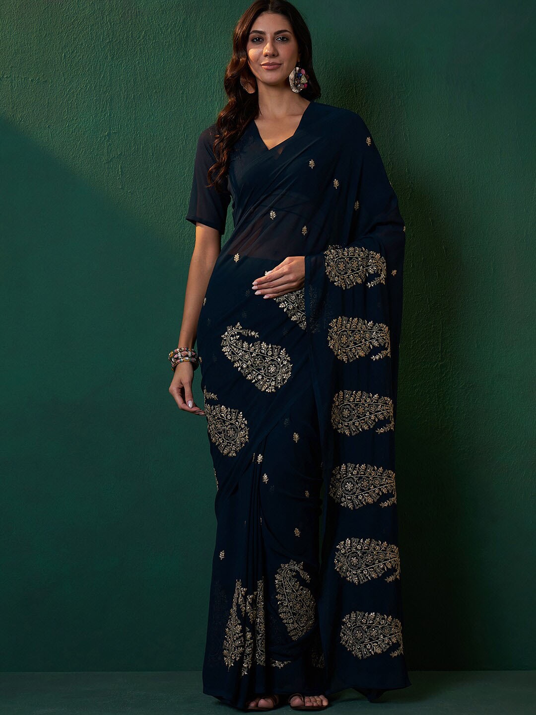 

Sangria Paisley Embroidered Sequined Zari Saree, Navy blue
