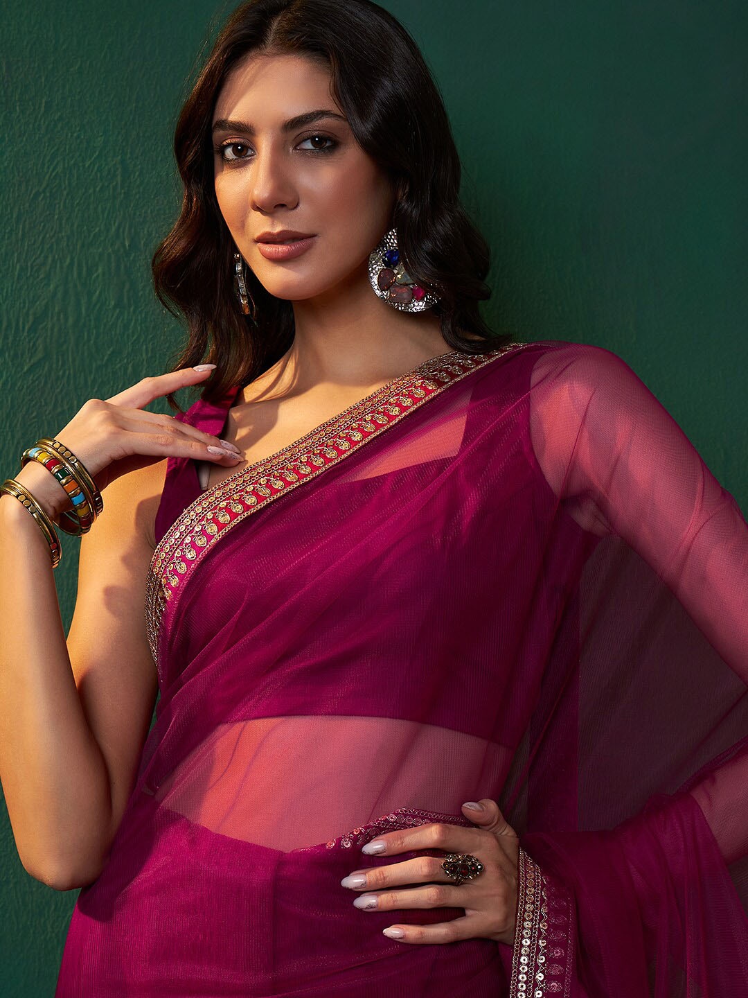 

Sangria Embroidered Border Saree, Pink