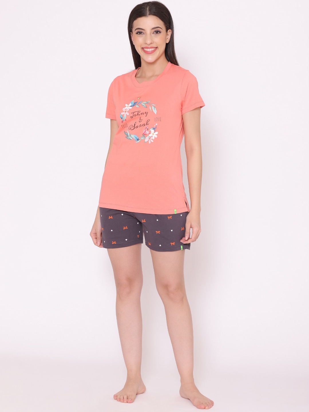 

TITTLI Silky Typography Printed Pure Cotton Night Suit, Peach