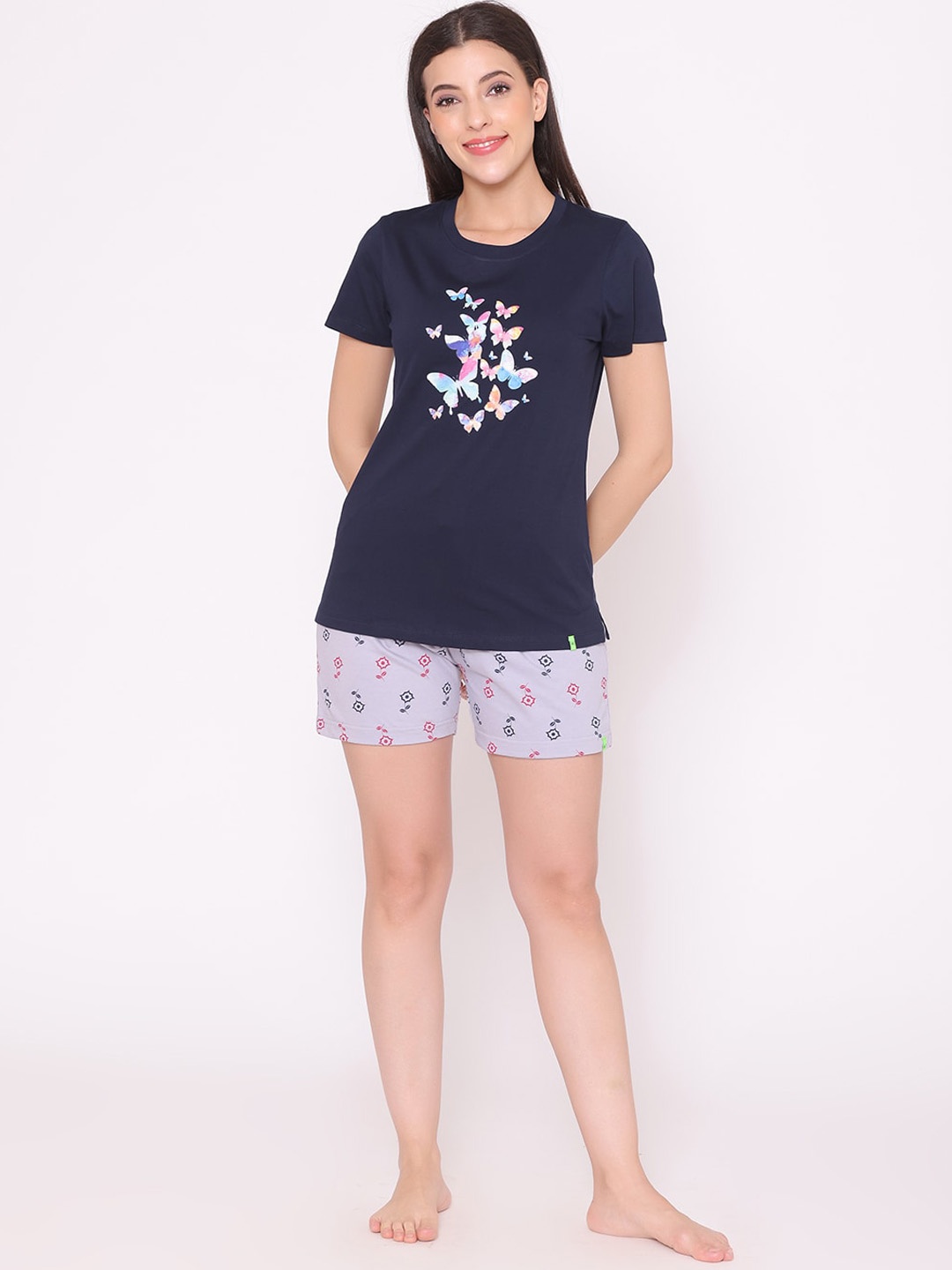 

TITTLI Silky Graphic Printed Pure Cotton Night Suit, Navy blue