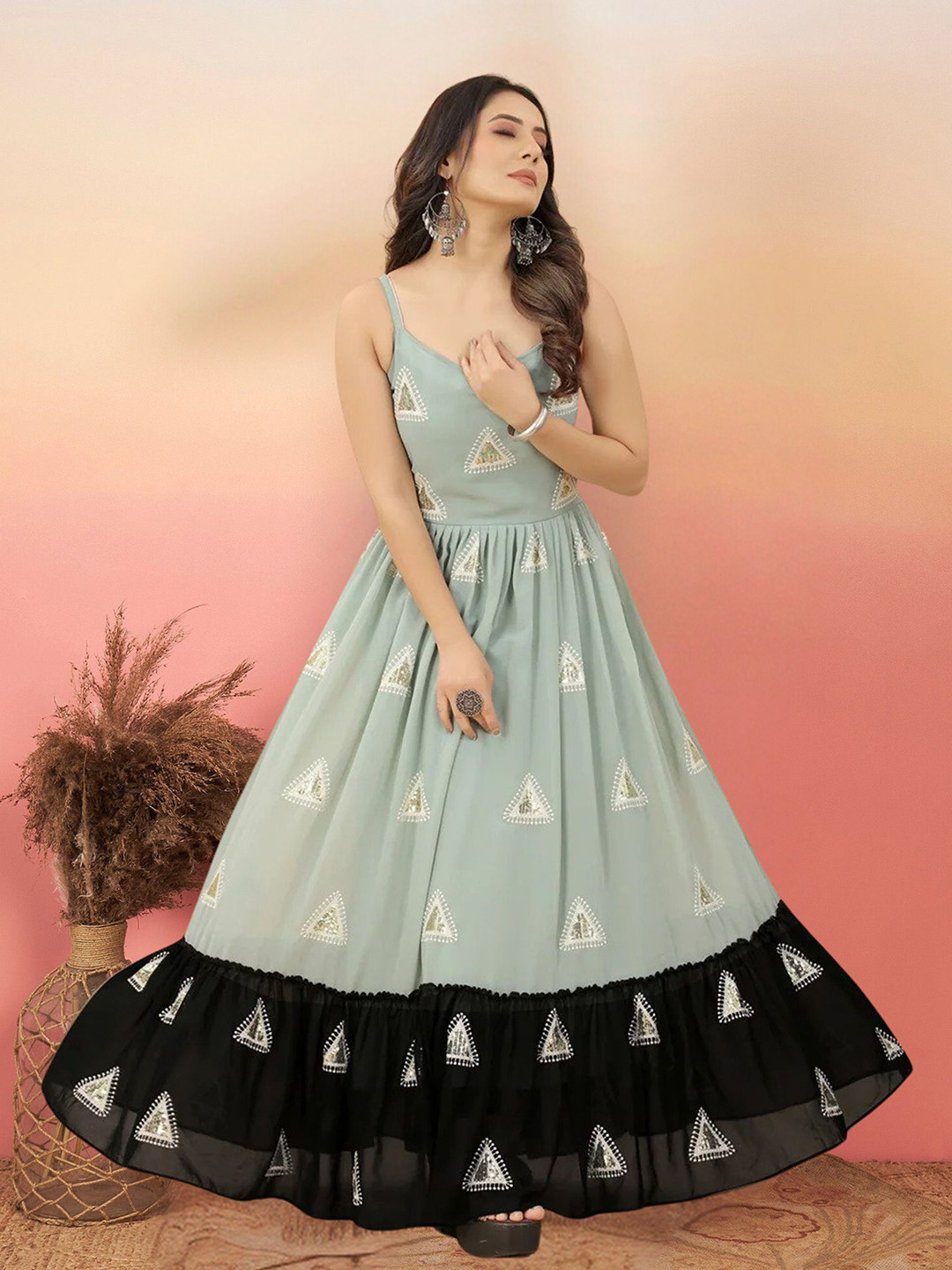 

KALINI Embellished Sequined Georgette Maxi Ethnic Dress, Grey