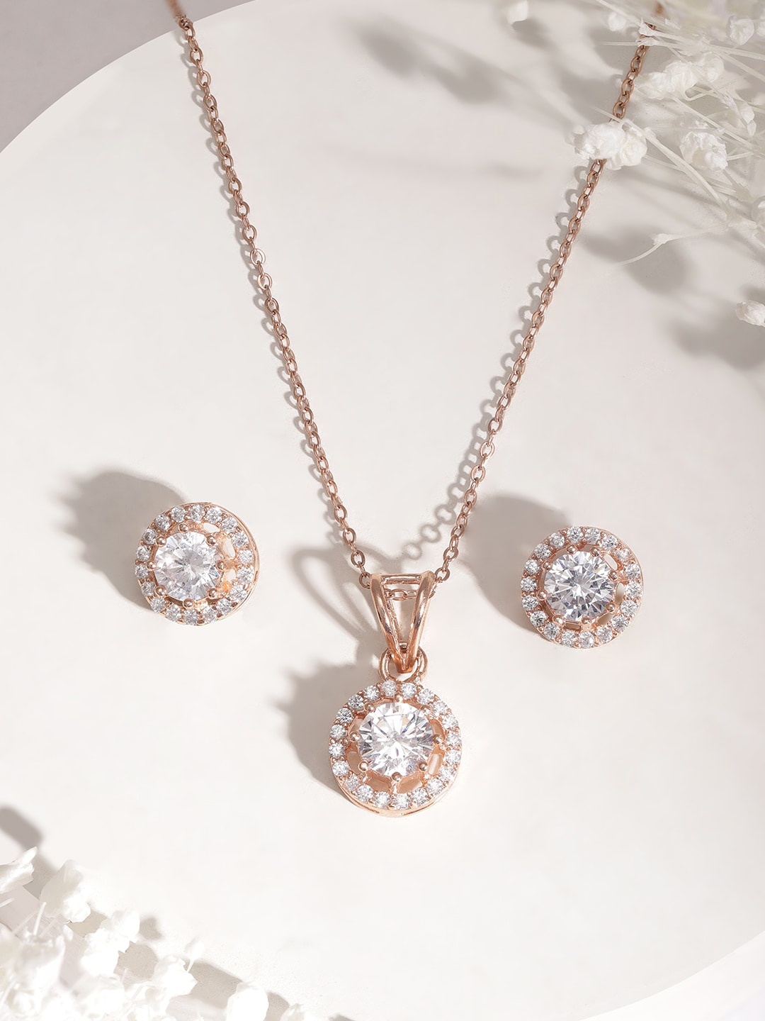 

Rubans Voguish Rose Gold Plated Cubic Zirconia Pendant Necklace set