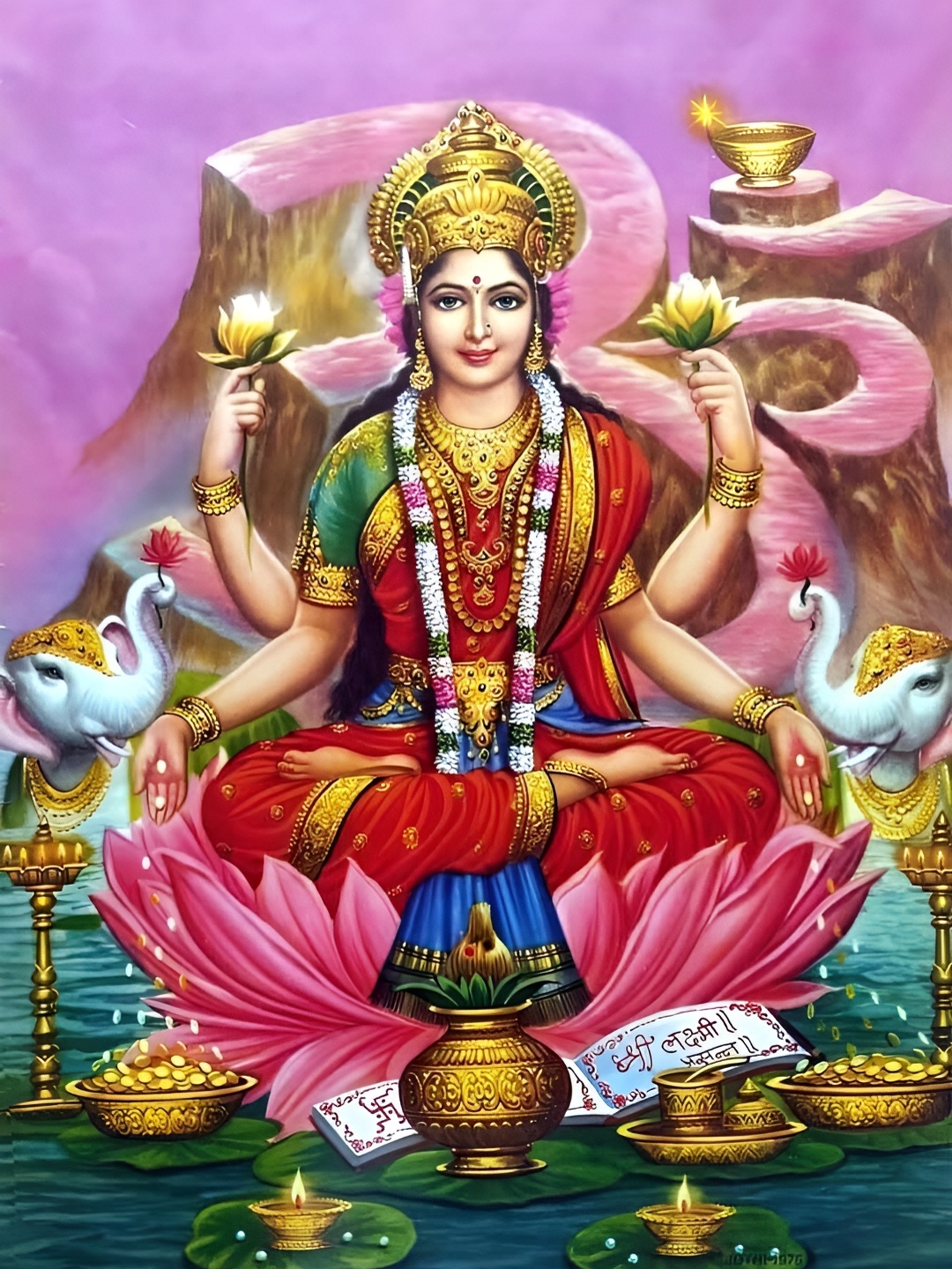 

British Terminal Red & Gold Toned Goddess Lakshmi Maa Religious Wall Poster