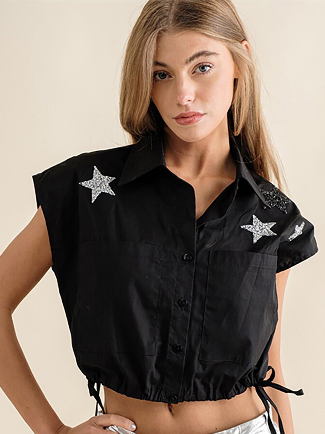 

StyleCast x Revolte Shirt Collar Extended Sleeves Shirt Style Crop Top, Black
