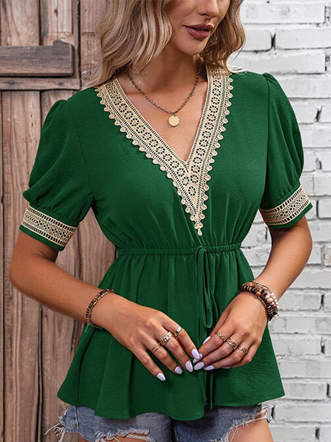 

StyleCast x Revolte Lace Detail Puff Sleeve Cinched Waist Top, Green