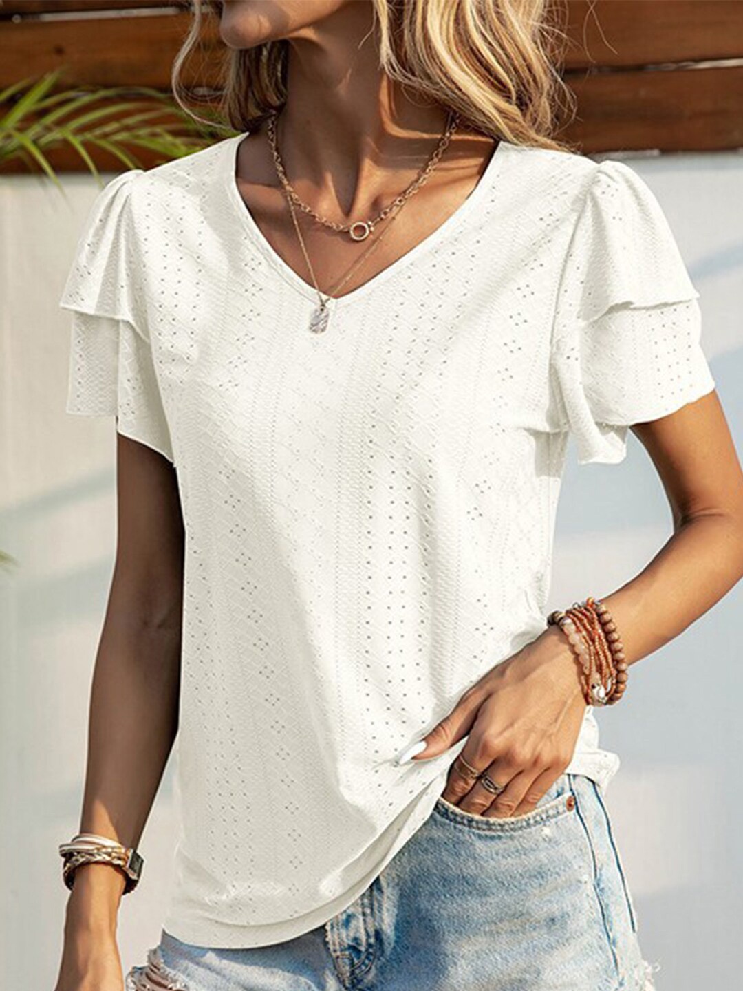 

StyleCast x Revolte Self Design V-Neck Flutter Sleeve Top, White