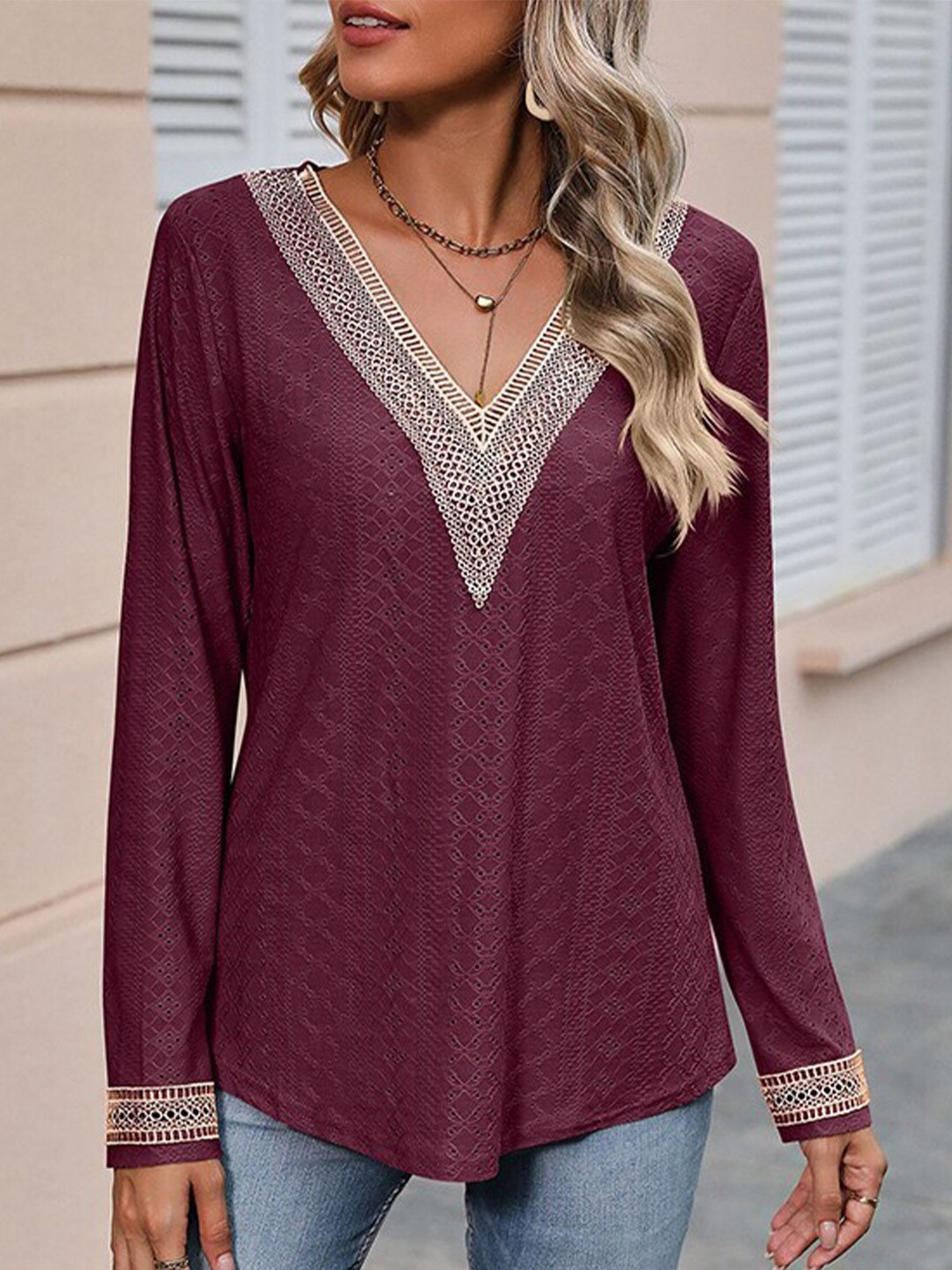 

StyleCast x Revolte V-Neck Self Design Top, Maroon