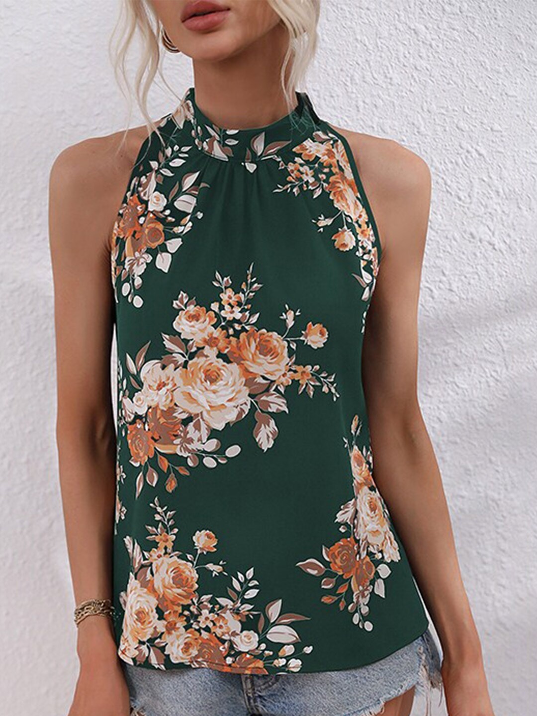

StyleCast x Revolte Green Floral Printed High Neck Sleeveless A-Line Top