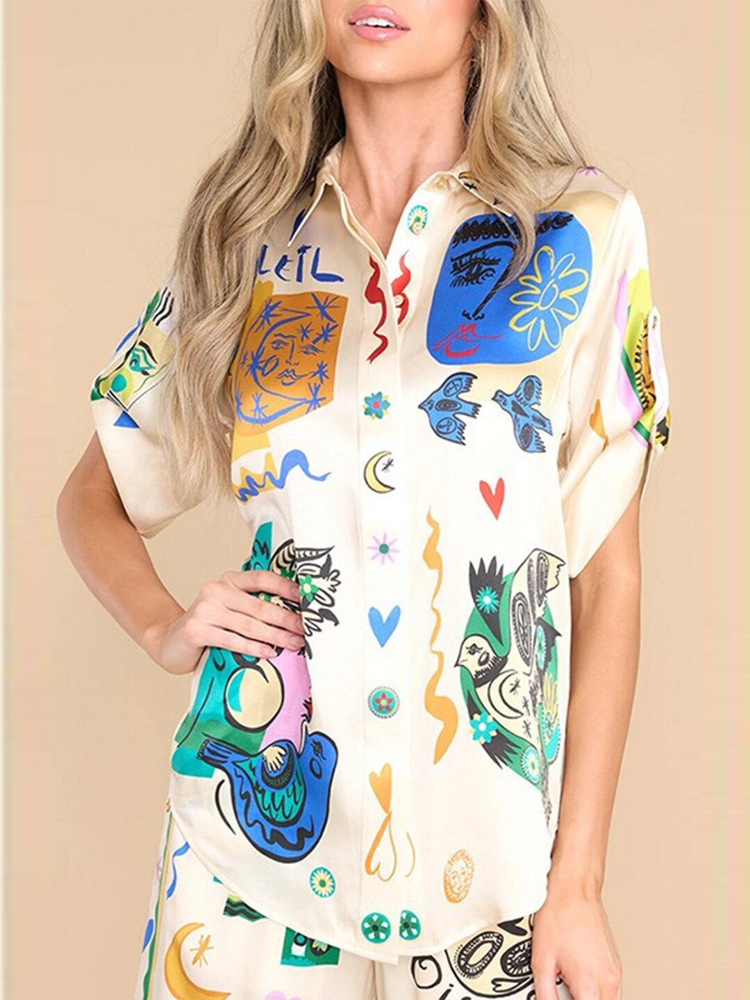 

StyleCast x Revolte Conversational Printed Linen Shirt Style Top, Off white