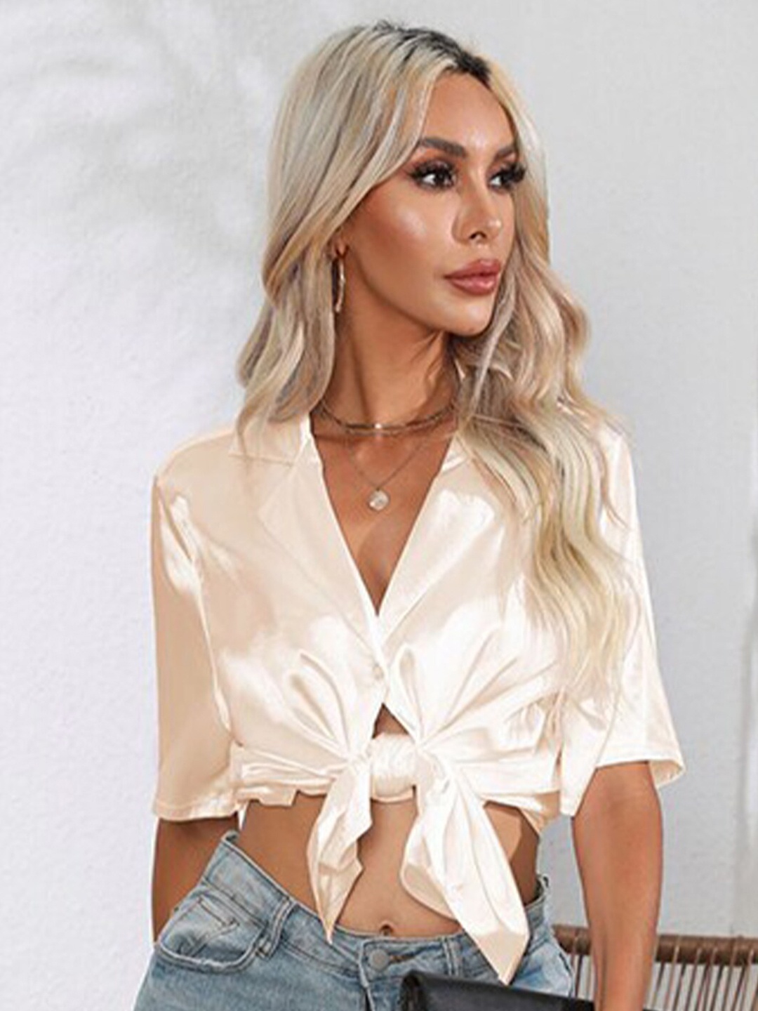 

StyleCast x Revolte Shirt Style Crop Top, Peach