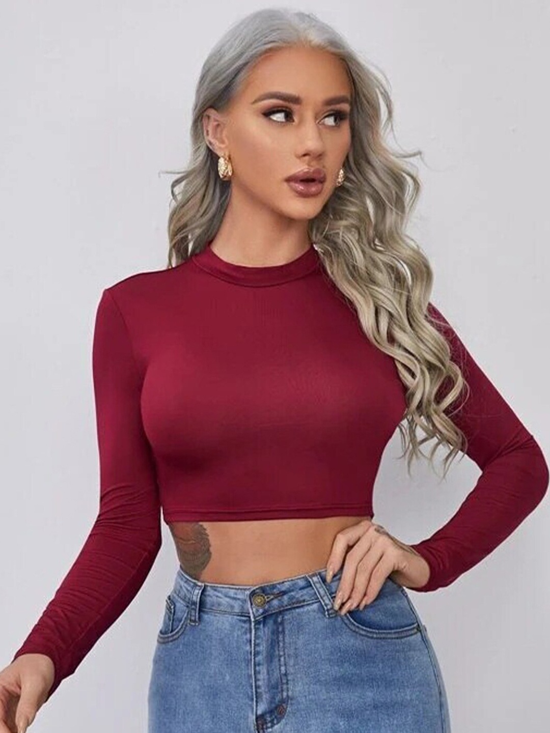 

StyleCast x Revolte Mock Neck Fitted Crop Top, Maroon