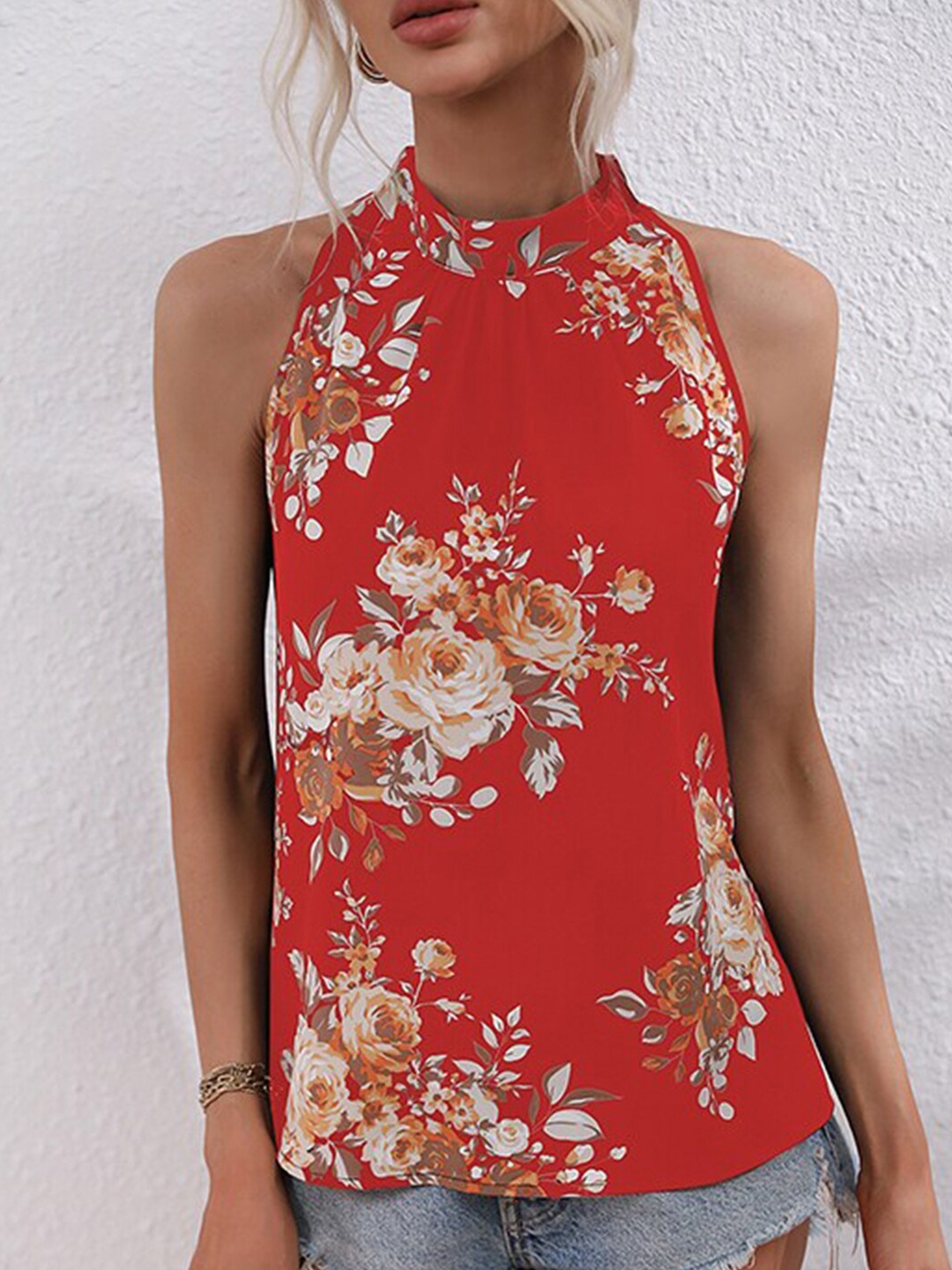 

StyleCast x Revolte Red Floral Printed Halter Neck Sleeveless Top