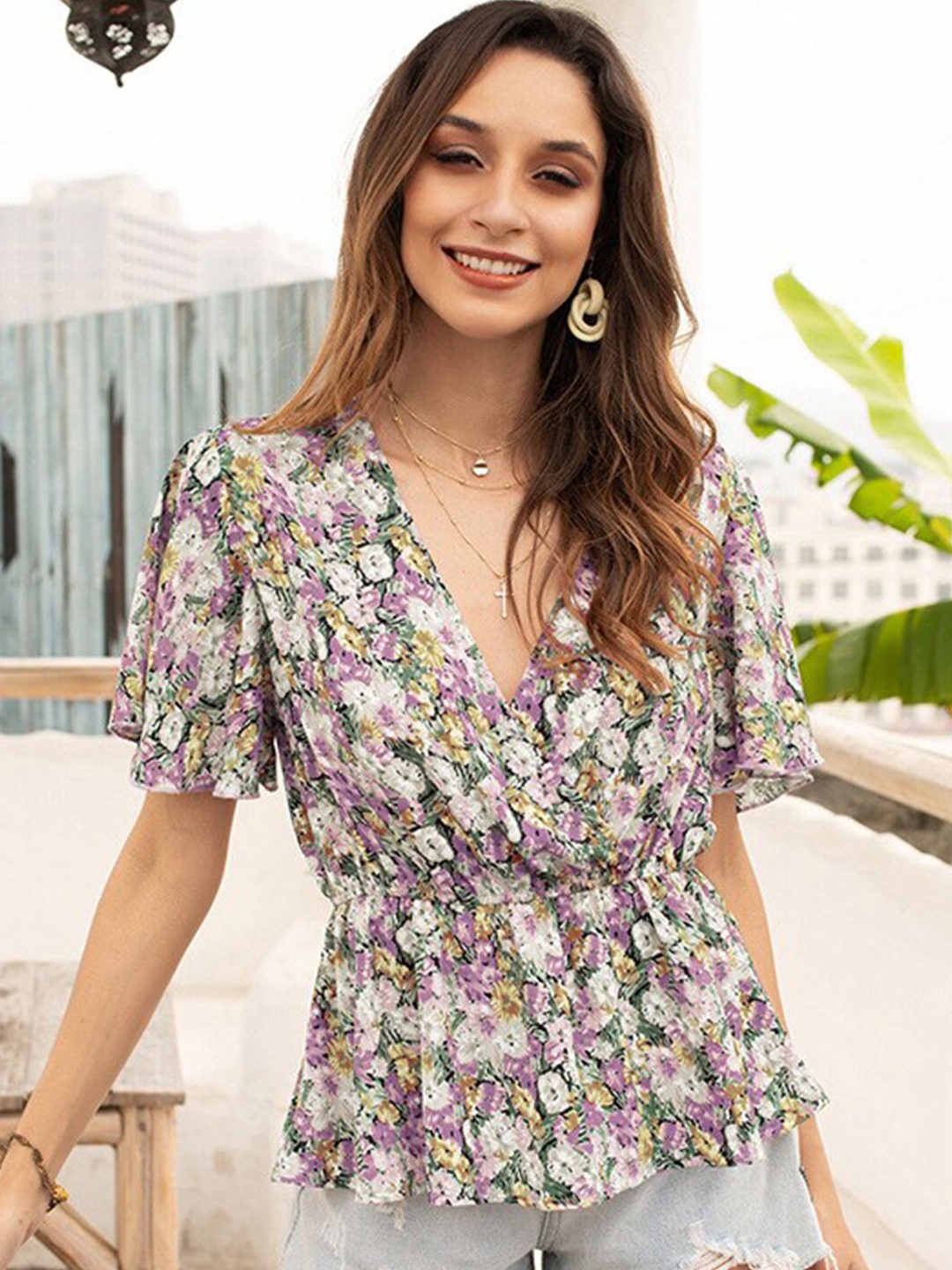 

StyleCast x Revolte Floral Printed Peplum V-Neck Top, White