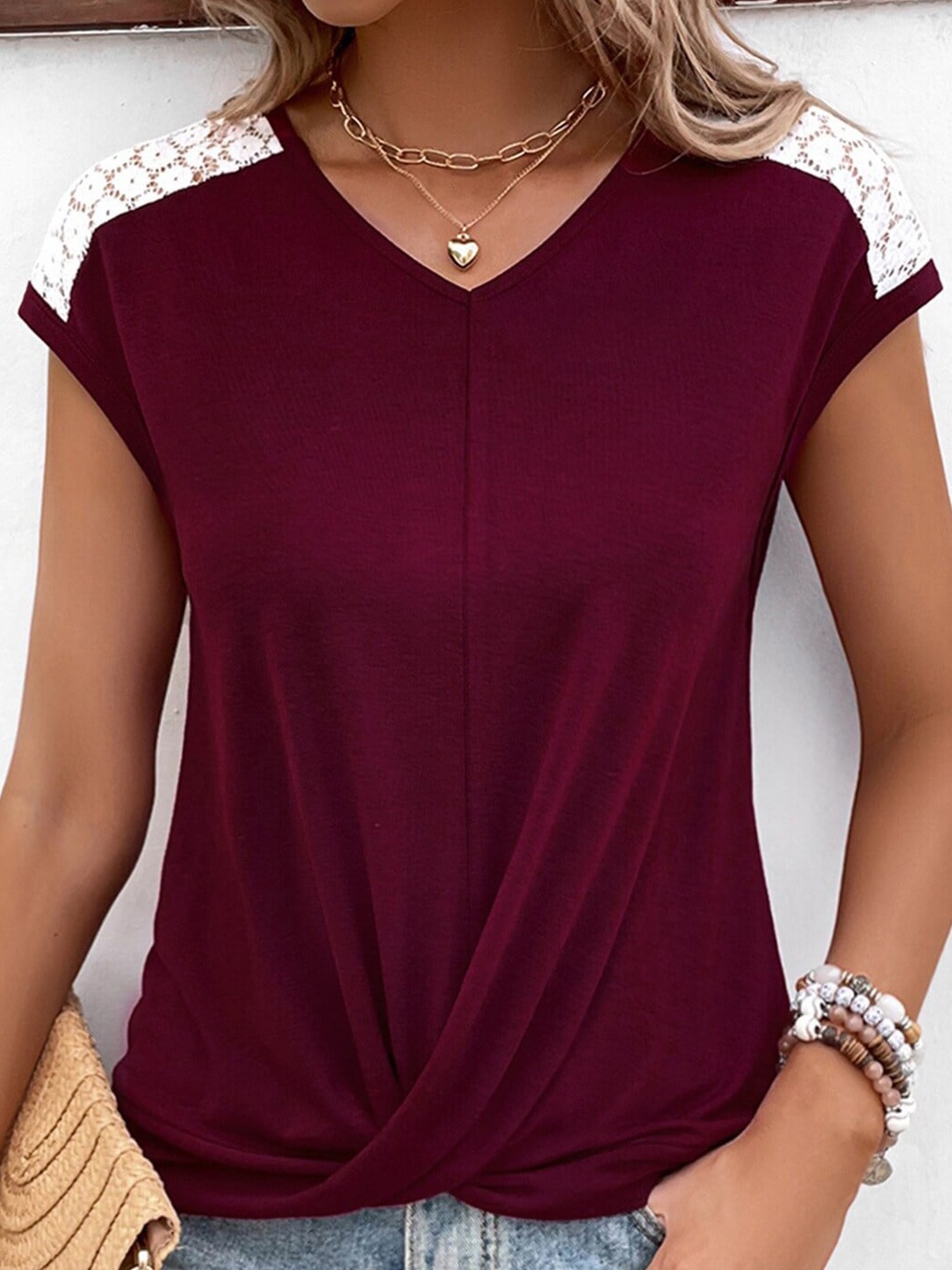 

StyleCast x Revolte Maroon Extended Sleeves Twisted V-neck Laced Top