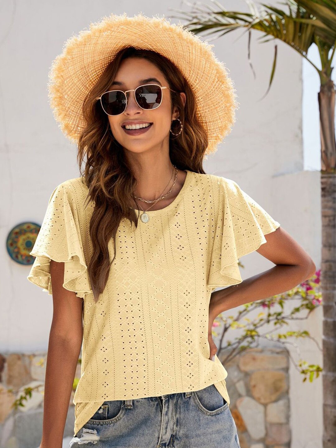 

StyleCast x Revolte Round neck Self Design Flutter Sleeve Top, Yellow