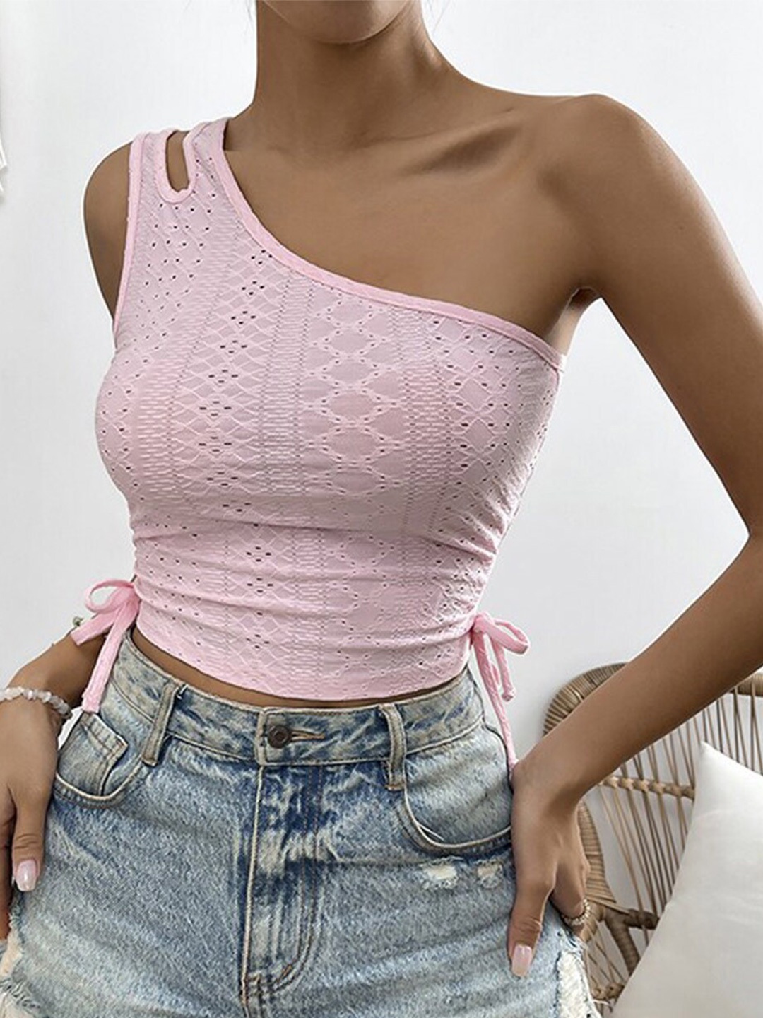 

StyleCast x Revolte Pink One Shoulder Crop Top