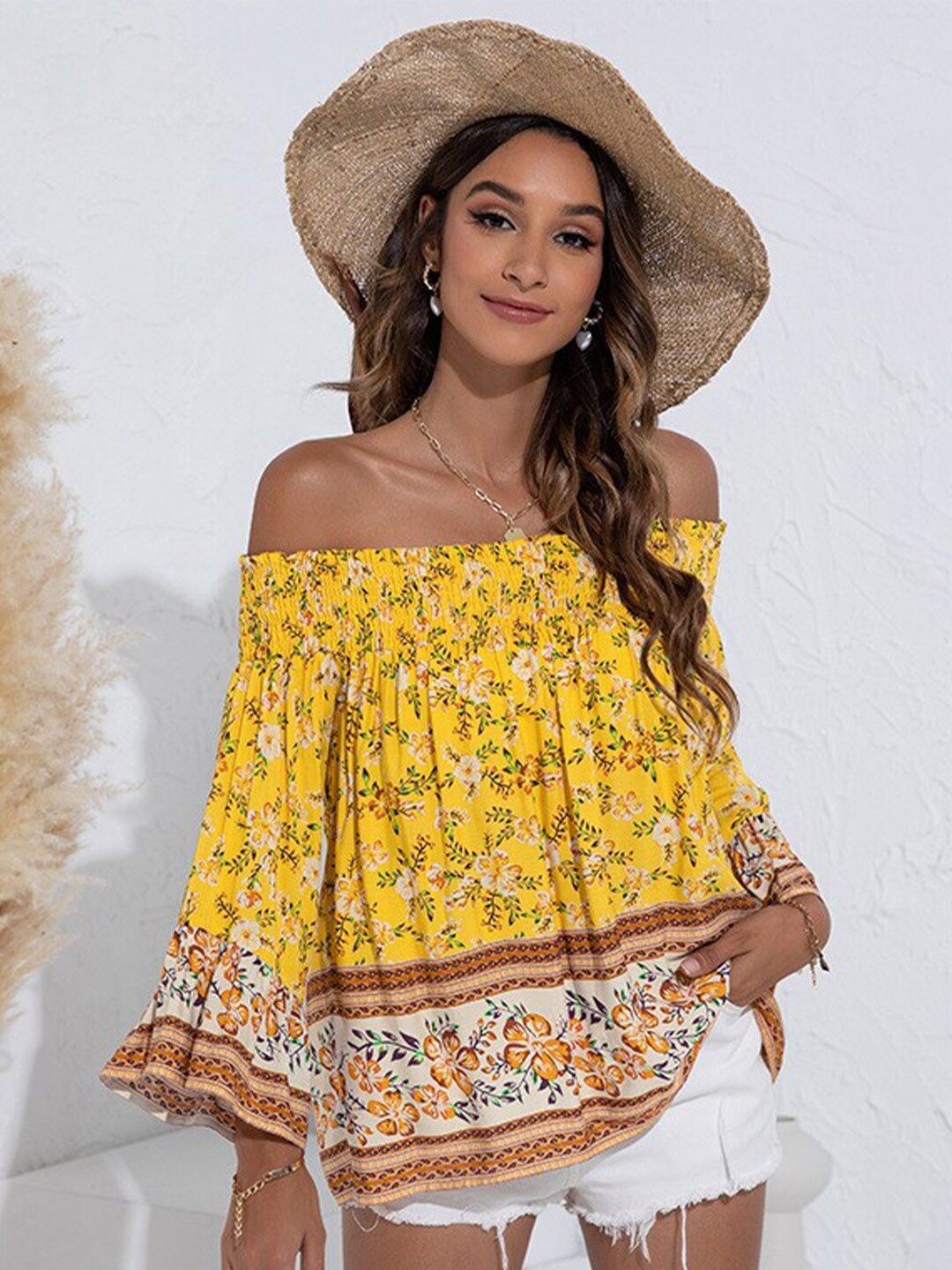 

StyleCast x Revolte Yellow Floral Printed Off-Shoulder Flared Sleeve Top