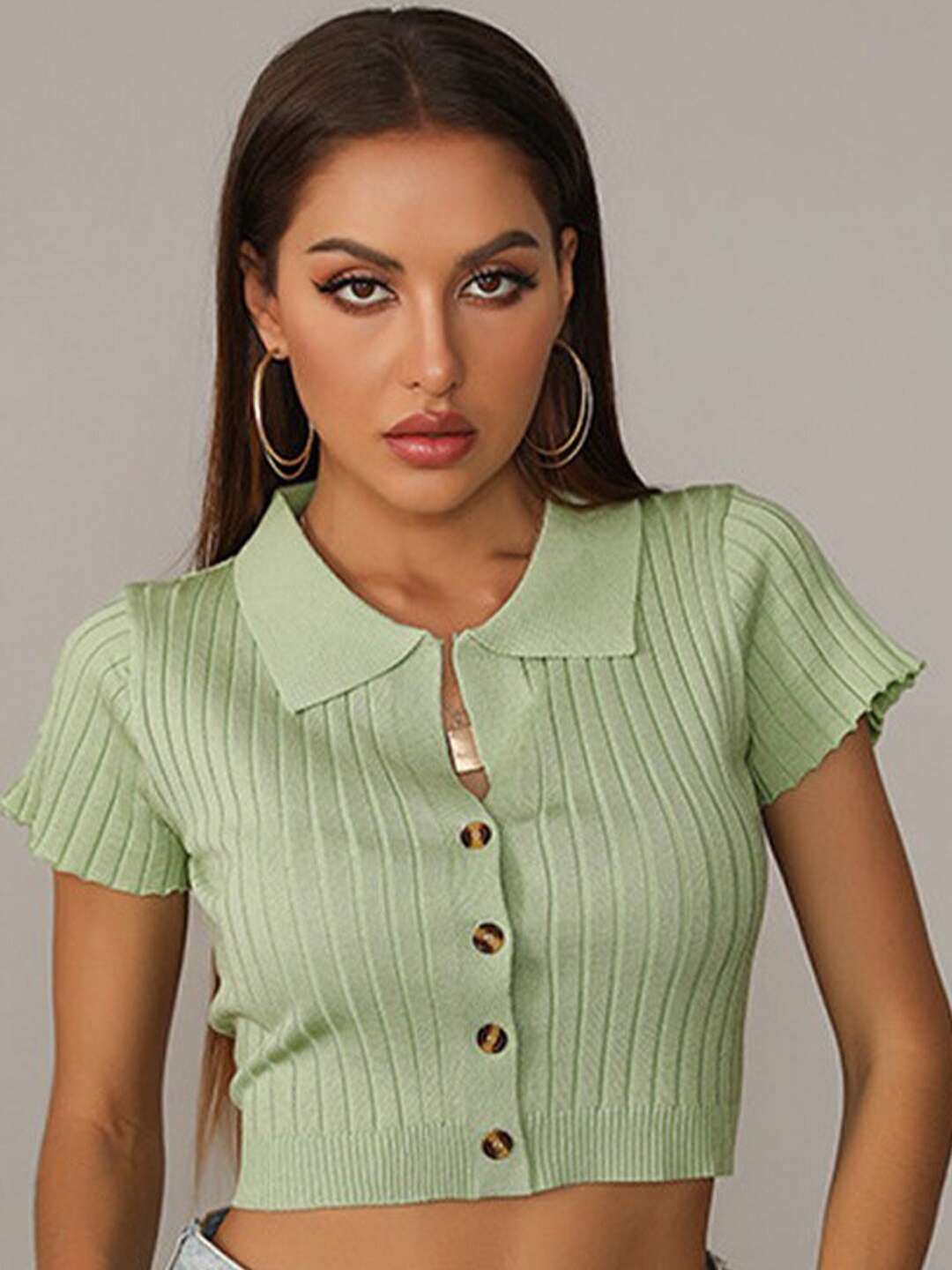 

StyleCast x Revolte Green Shirt Collar Striped Crop Top