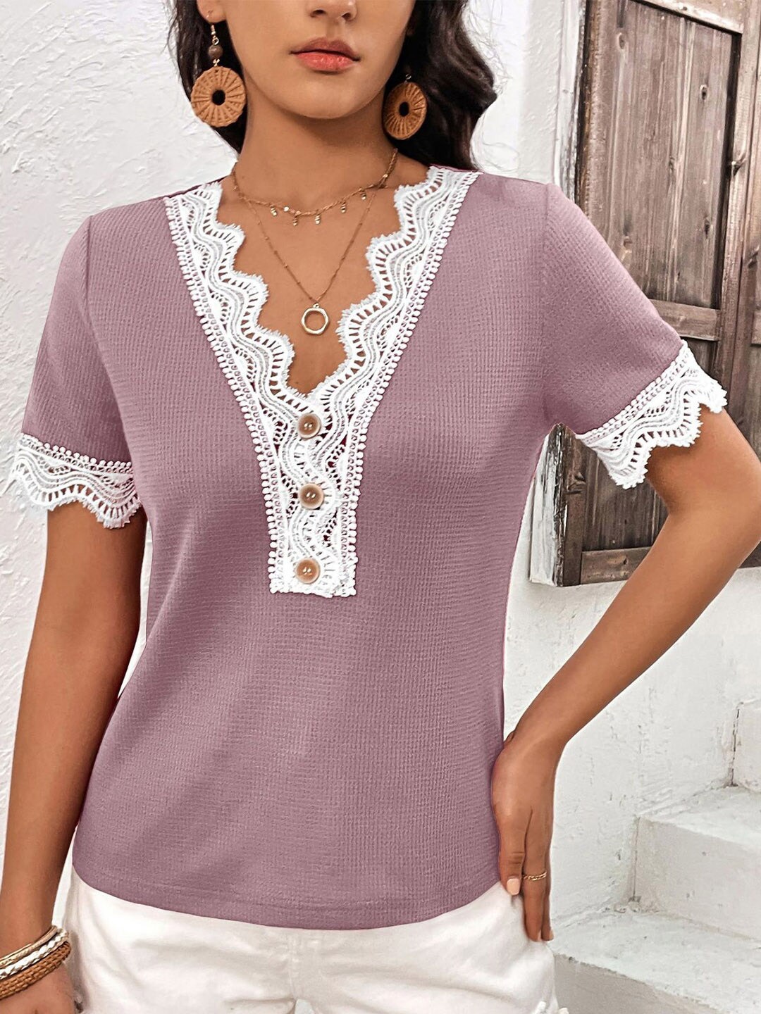 

StyleCast x Revolte Purple V- Neck Self Design Top