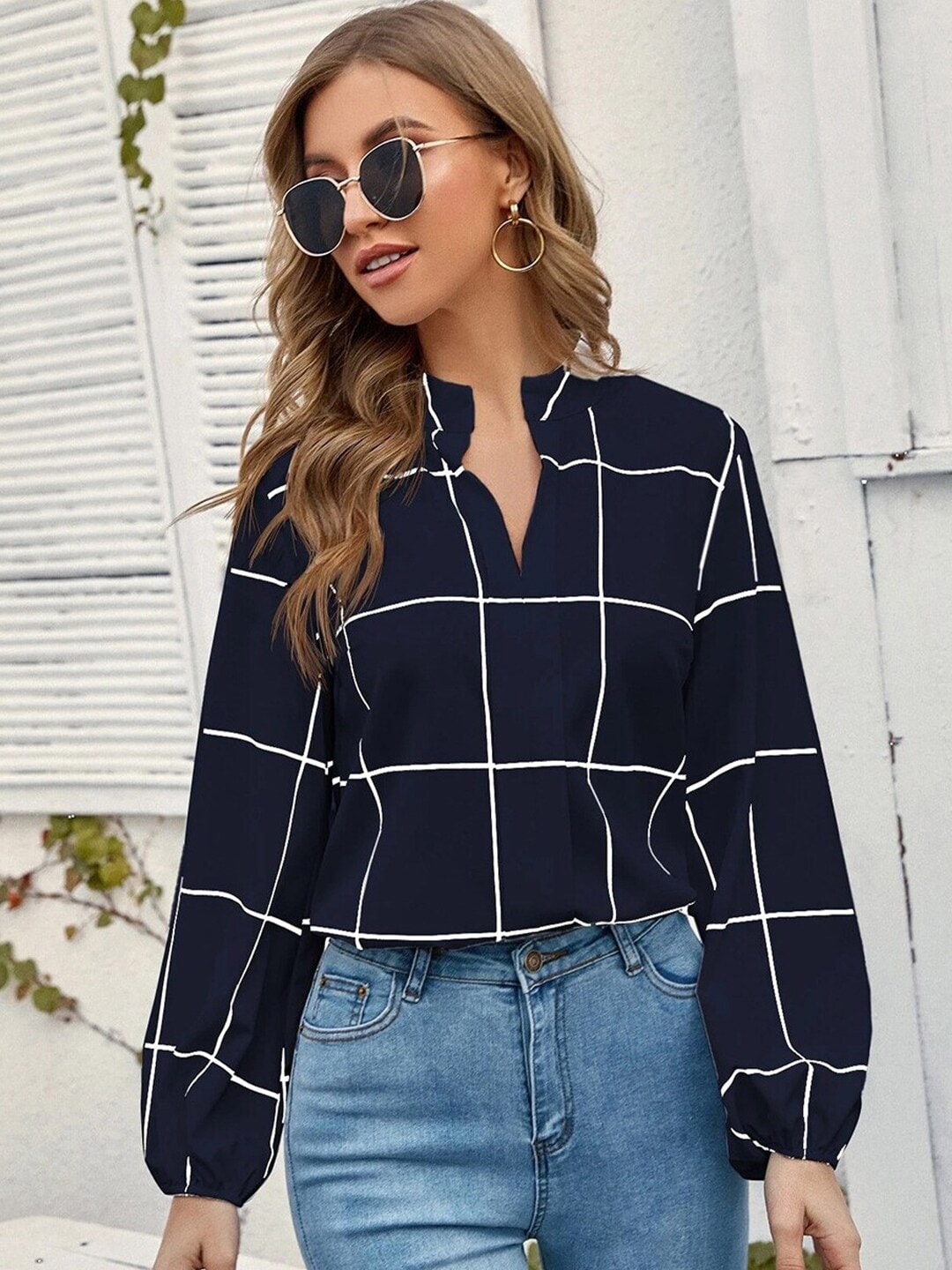 

StyleCast x Revolte Blue Checked Mandarin Collar Top