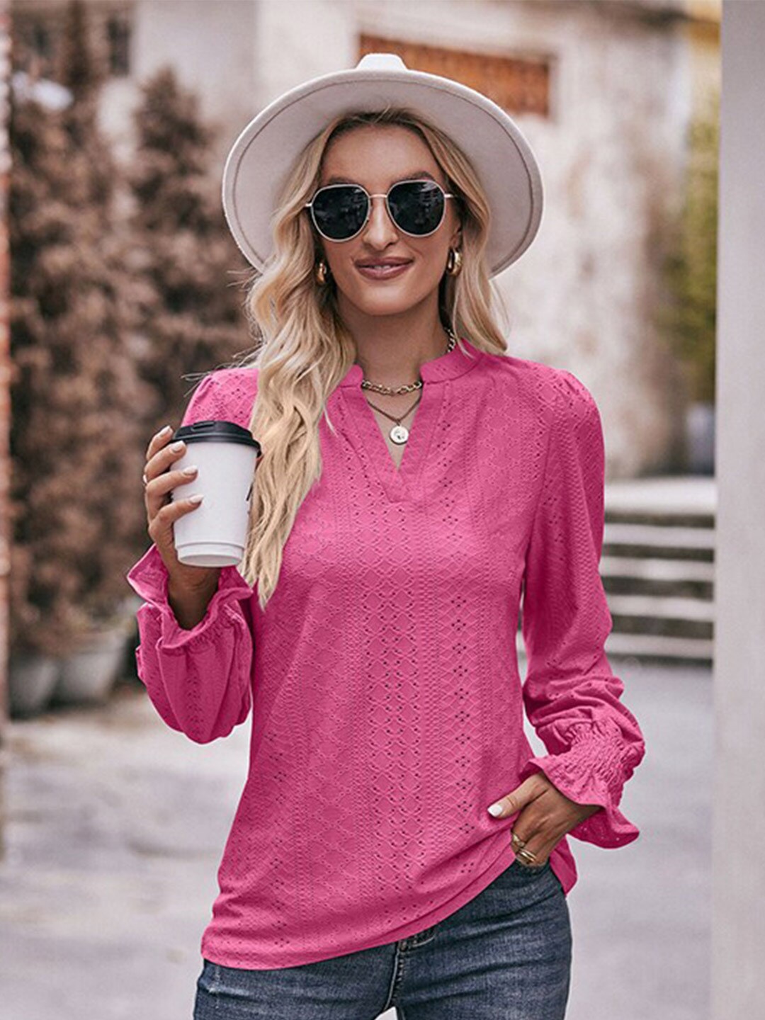 

StyleCast x Revolte Pink Self Design Mandarin Collar Top