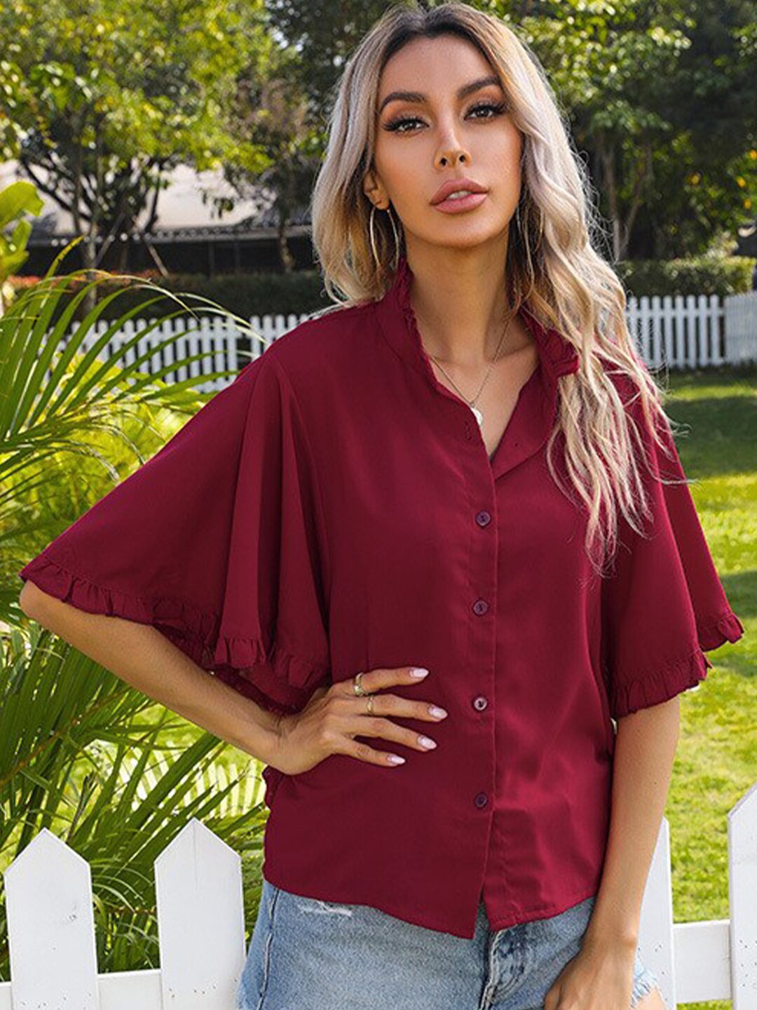 

StyleCast x Revolte Mandarin Collar Kimono Sleeve Top, Maroon