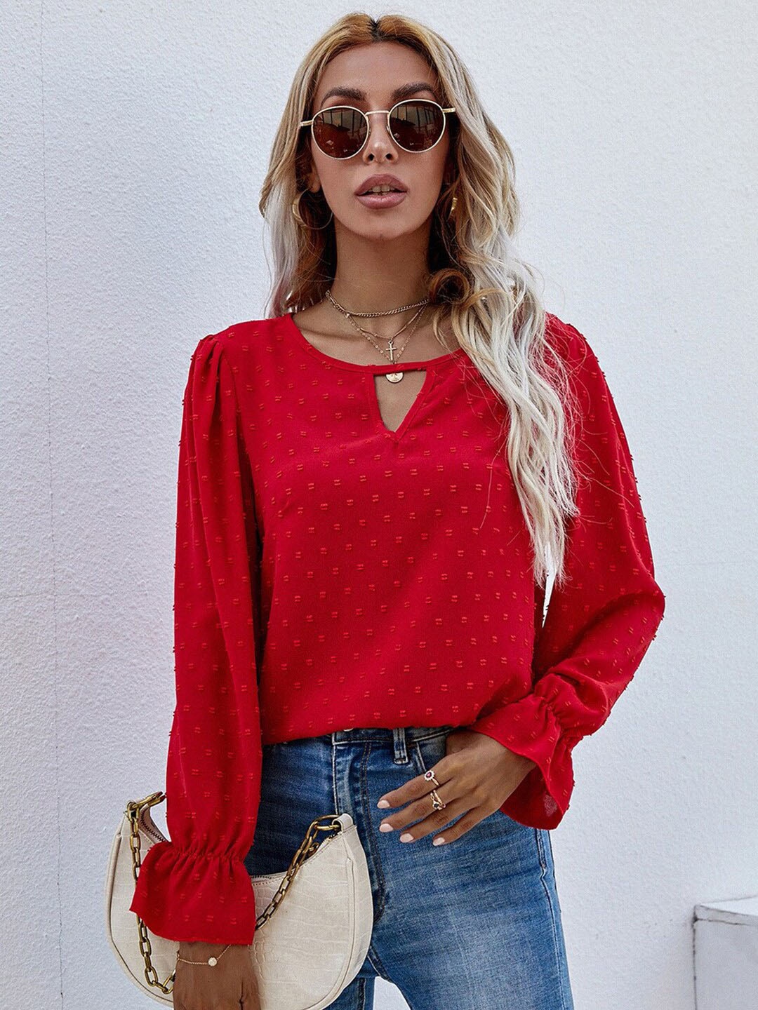 

StyleCast x Revolte Self Design Keyhole Neck Puff Sleeves Top, Red