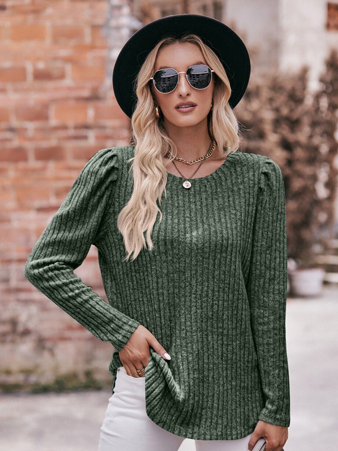 

StyleCast x Revolte Vertical Stripes Round Neck Top, Green