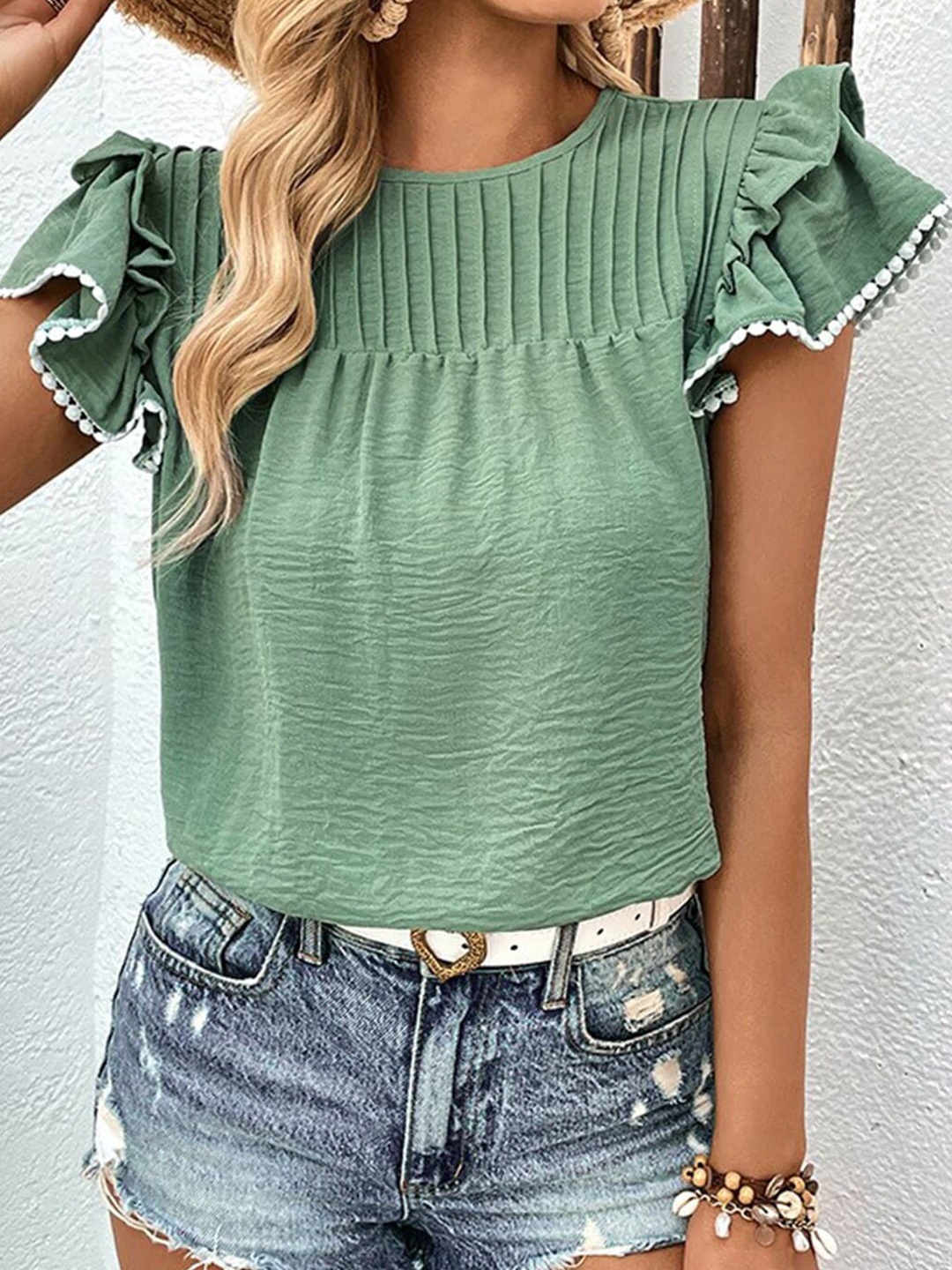 

StyleCast x Revolte Round Neck Flutter Sleeve Top, Green