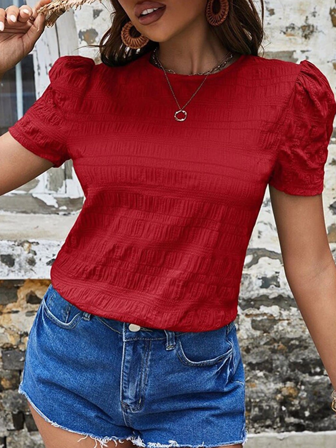 

StyleCast x Revolte Red Self Design Puff Sleeves Top