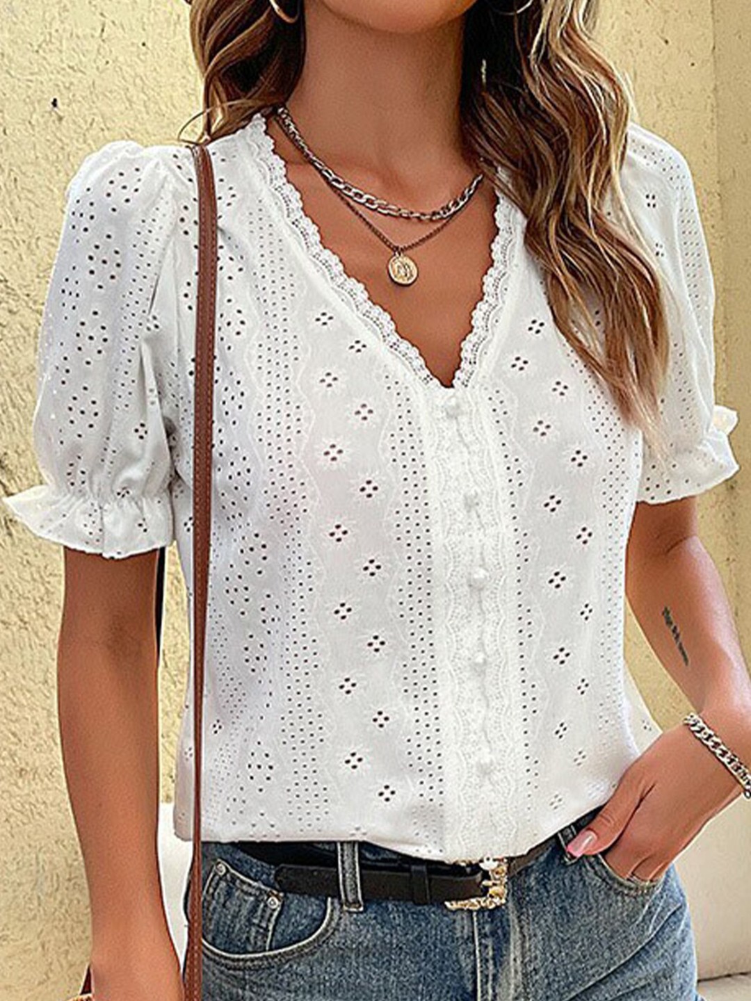 

StyleCast x Revolte V-Neck Self Design Top, White
