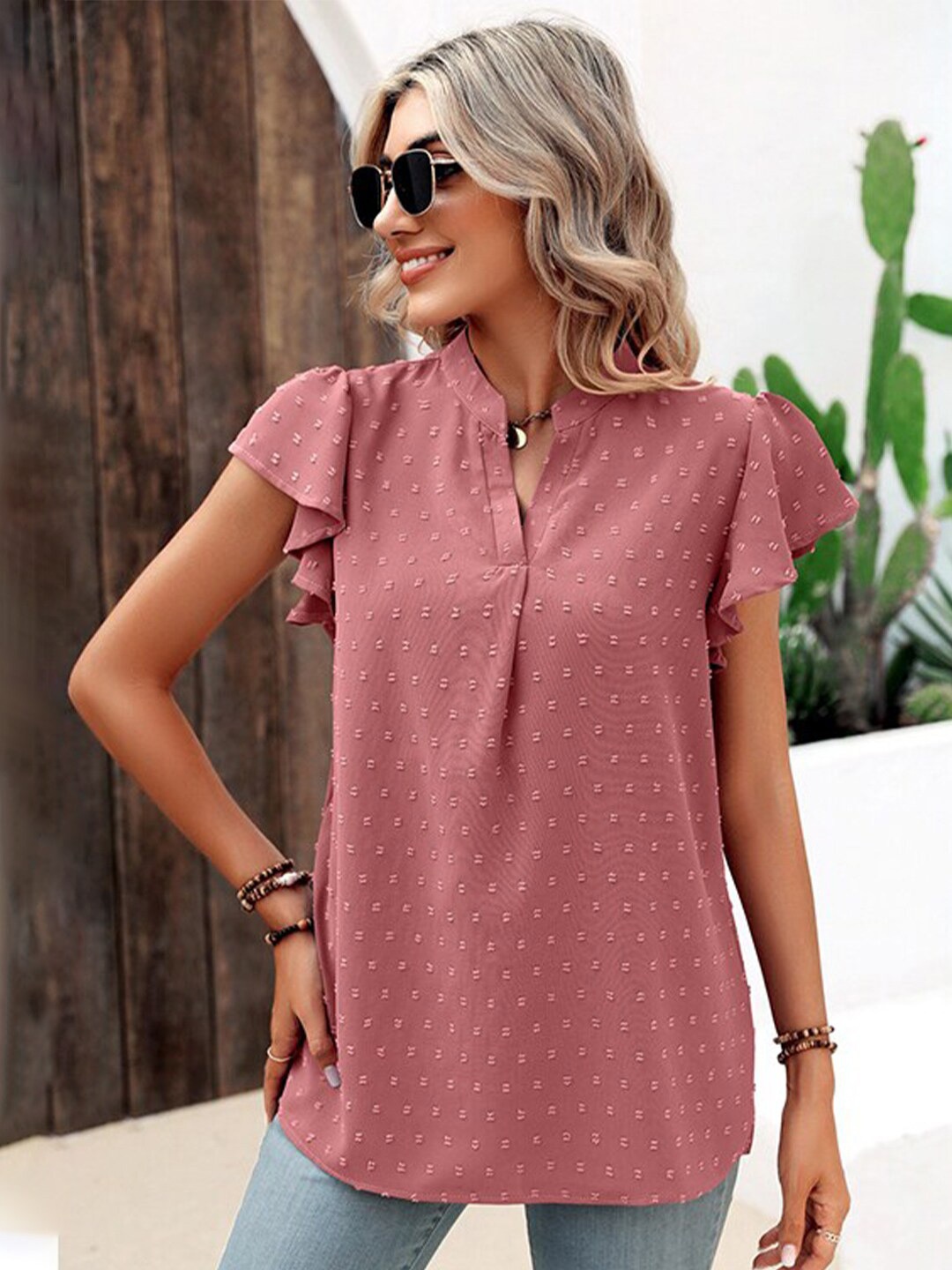 

StyleCast x Revolte Self Design Mandarin Collar Flutter Sleeve Top, Pink