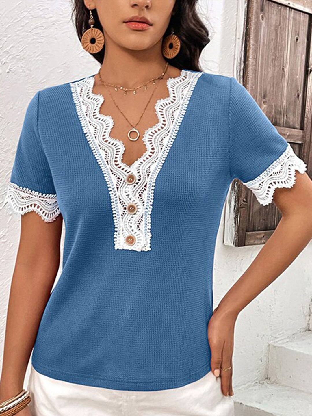 

StyleCast x Revolte V-Neck Lace Top, Blue