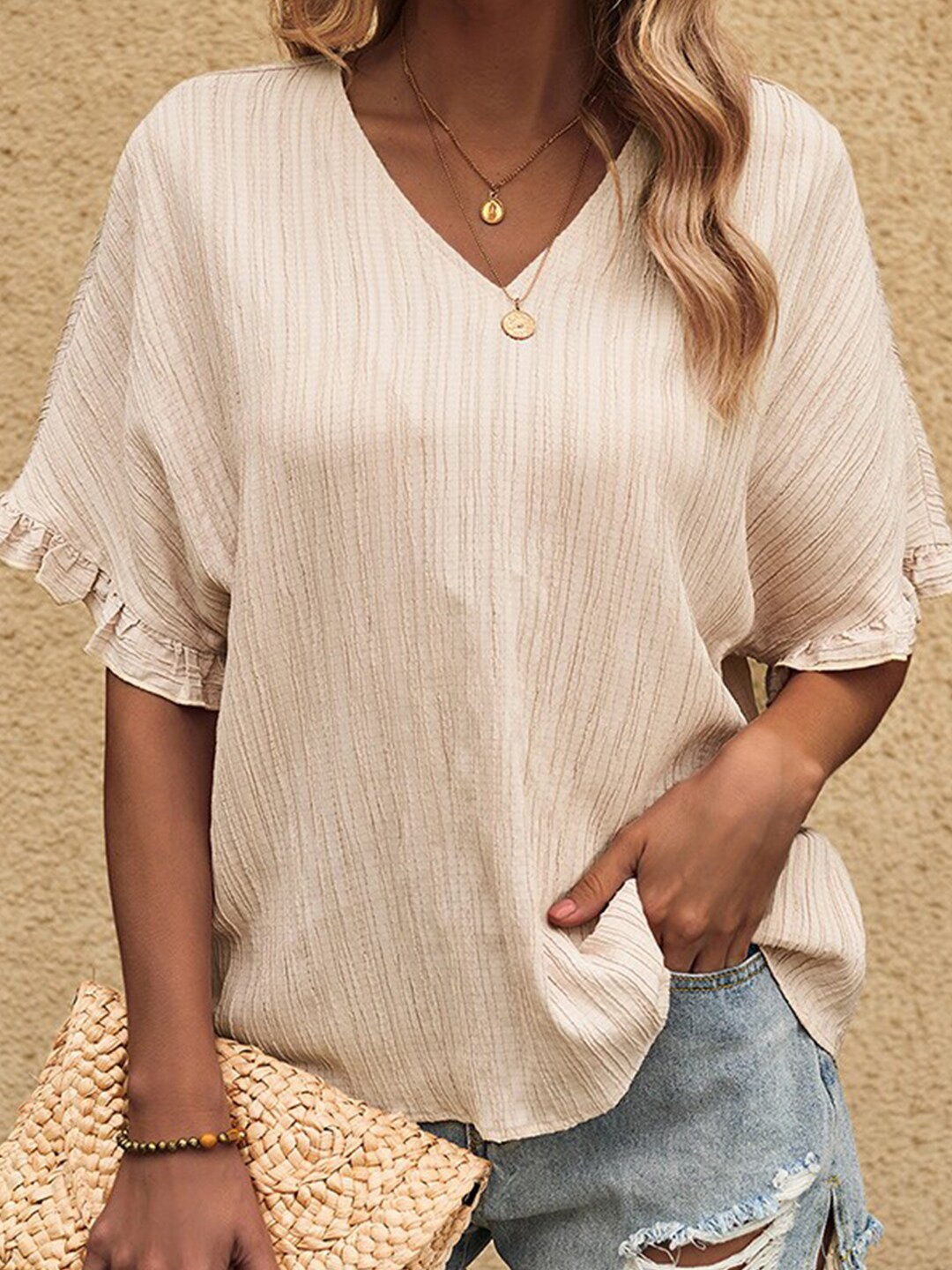 

StyleCast x Revolte Striped Extended Sleeves Top, Beige