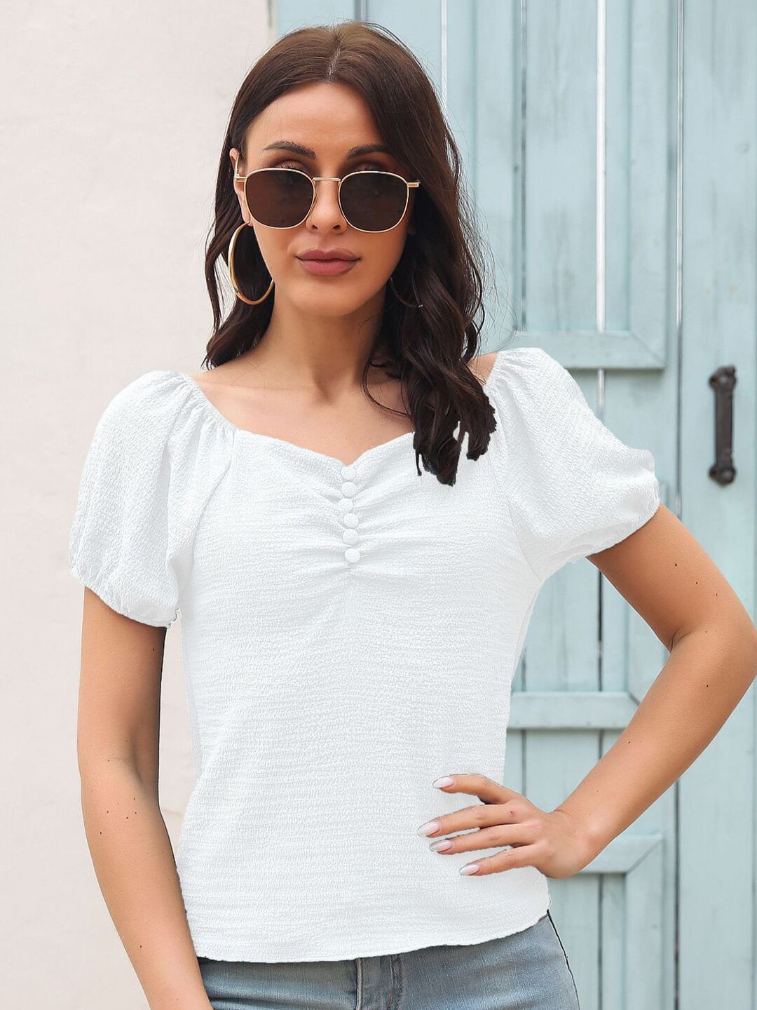 

StyleCast x Revolte Sweetheart Neck Puff Sleeve Ruched Top, White