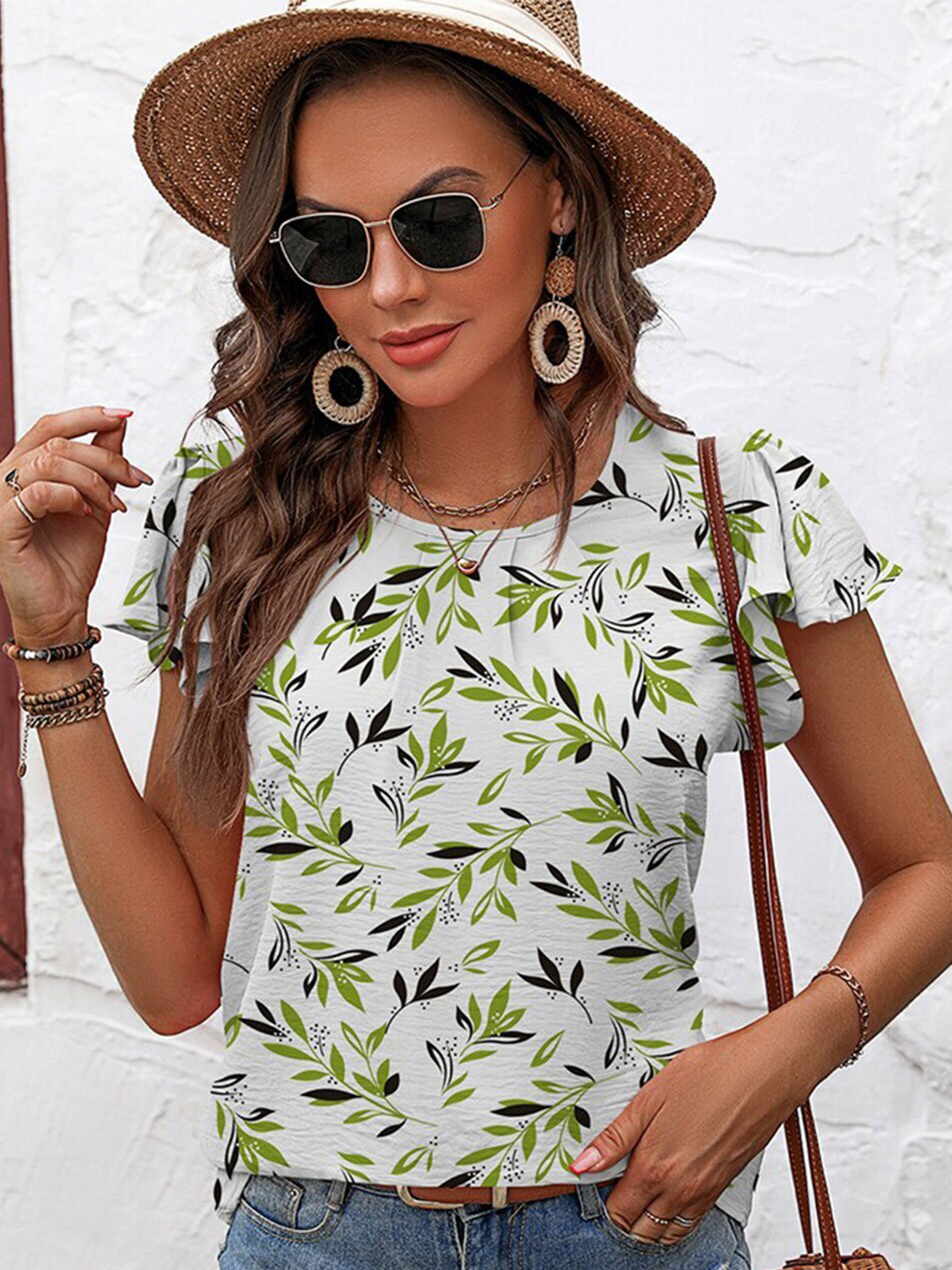 

StyleCast x Revolte Tropical Printed Round Neck Flutter Sleeve Top, Green