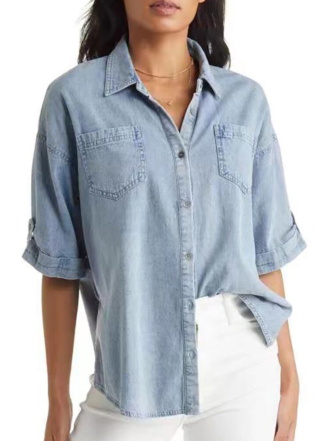 

StyleCast x Revolte Roll-Up Sleeves Cotton Shirt Style Top, Blue