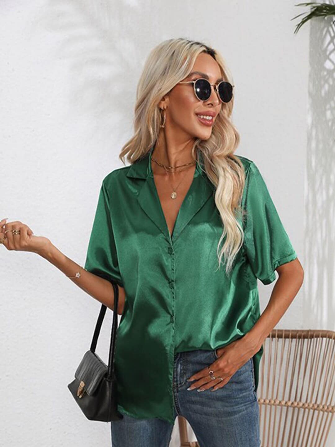 

StyleCast x Revolte Tie Up Satin Shirt Style Top, Green