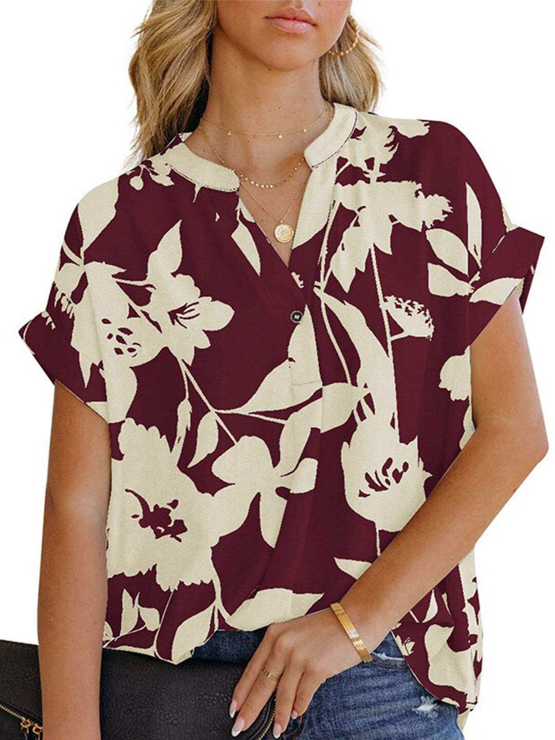 

StyleCast x Revolte Floral Printed Mandarin Collar Top, Maroon